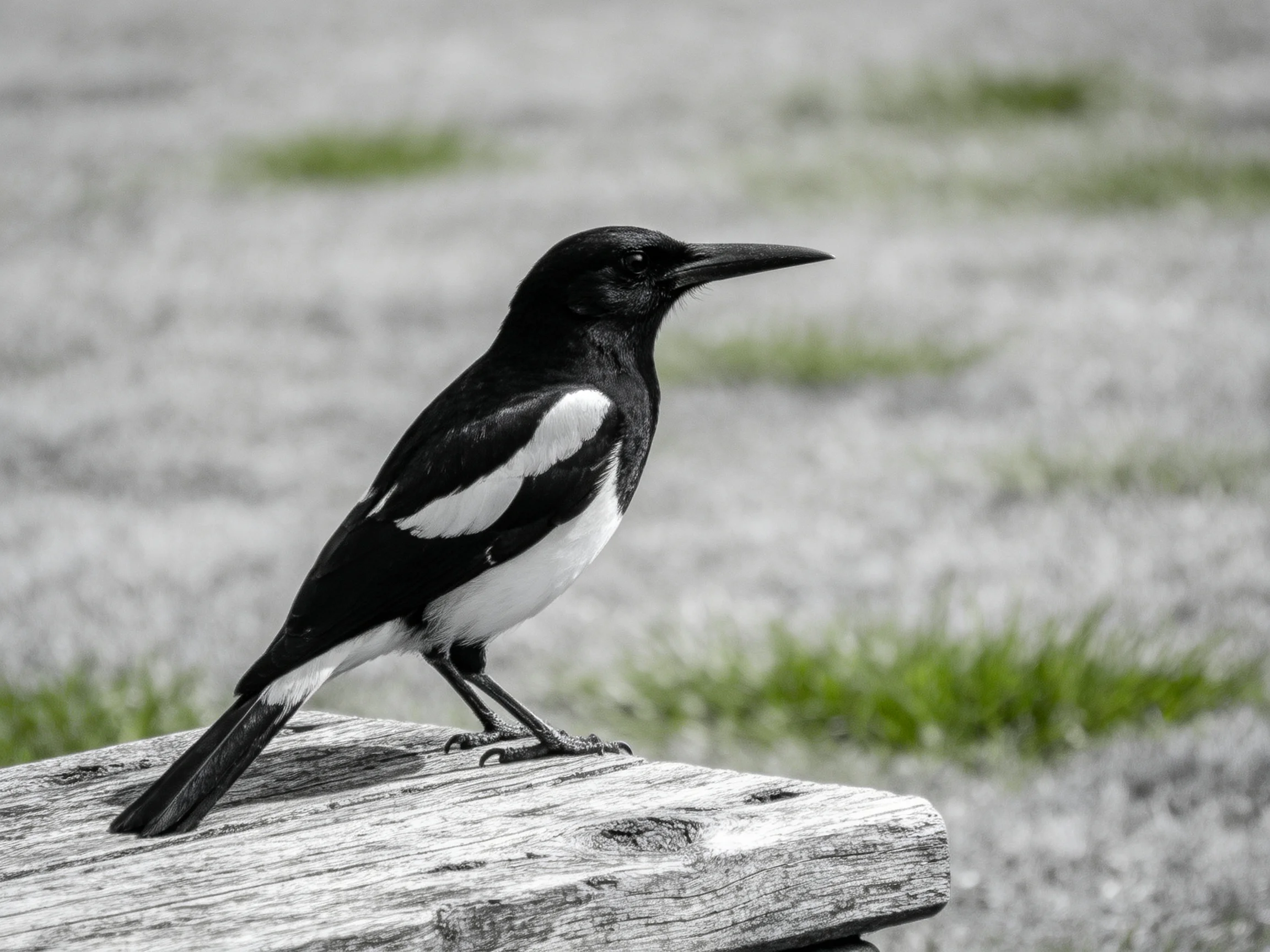 A black and white magpie perched on a weathered wooden plank