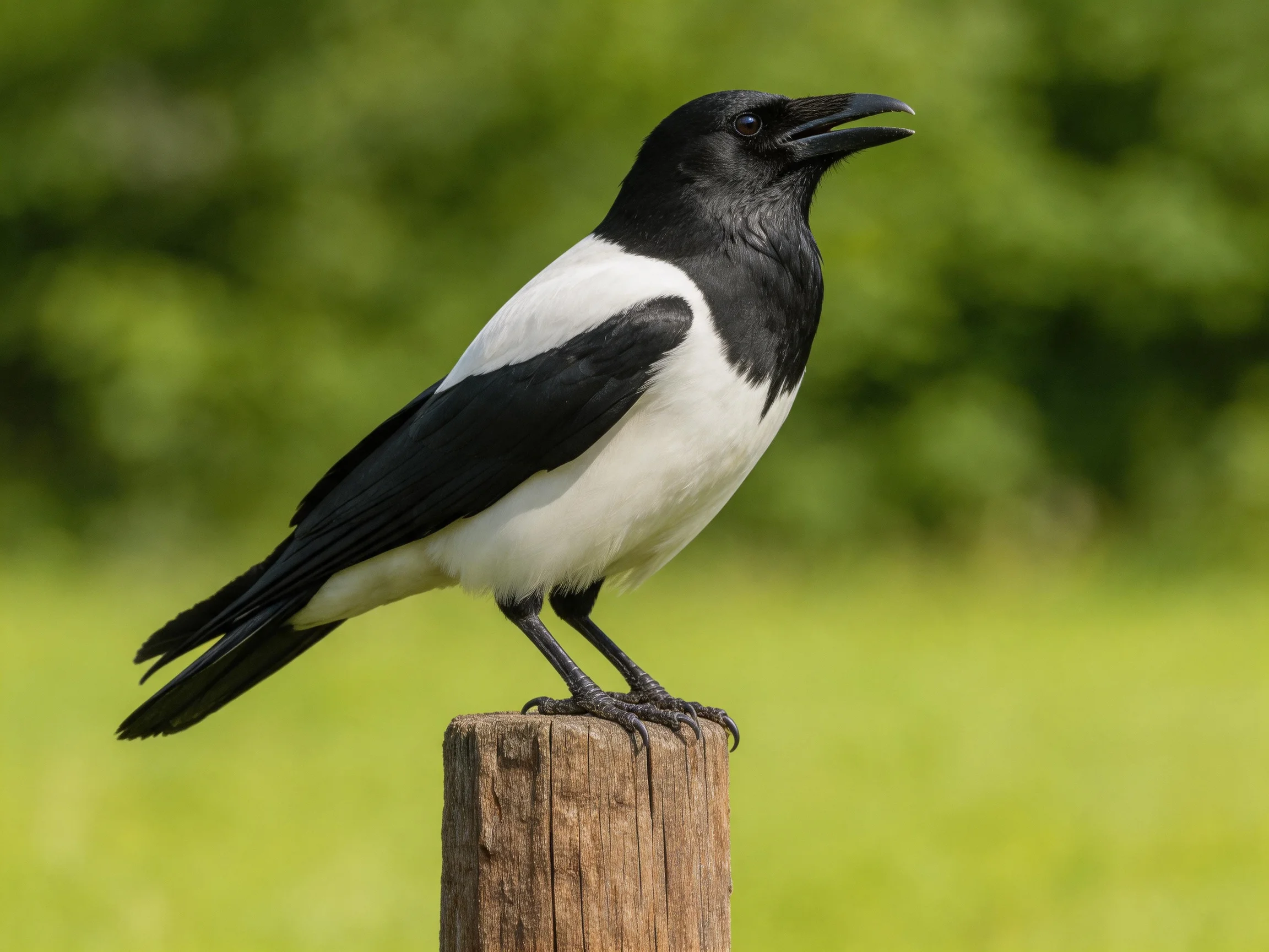 A black and white magpie perched on a weathered wooden post