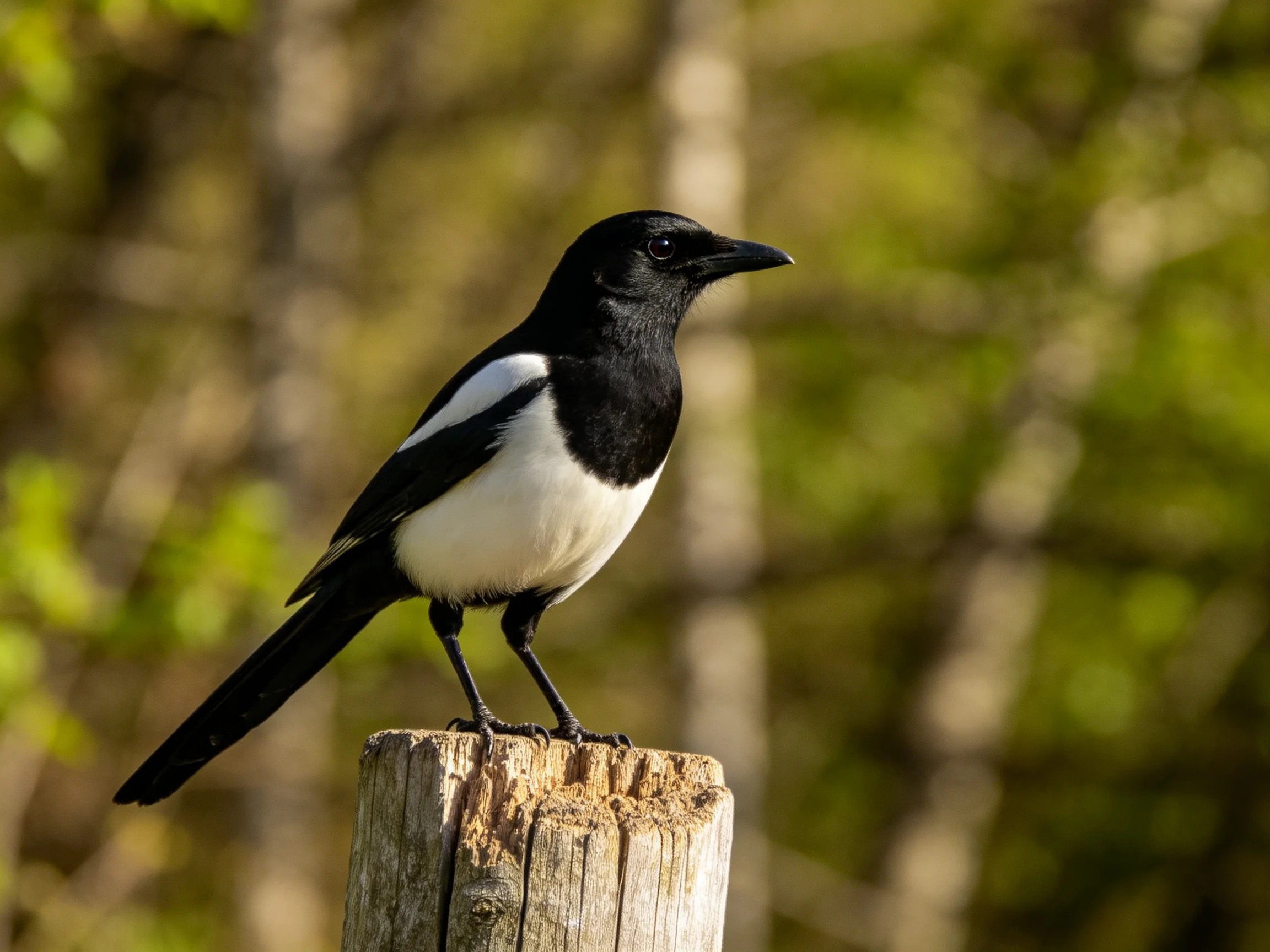 A black and white magpie perched on a weathered wooden post