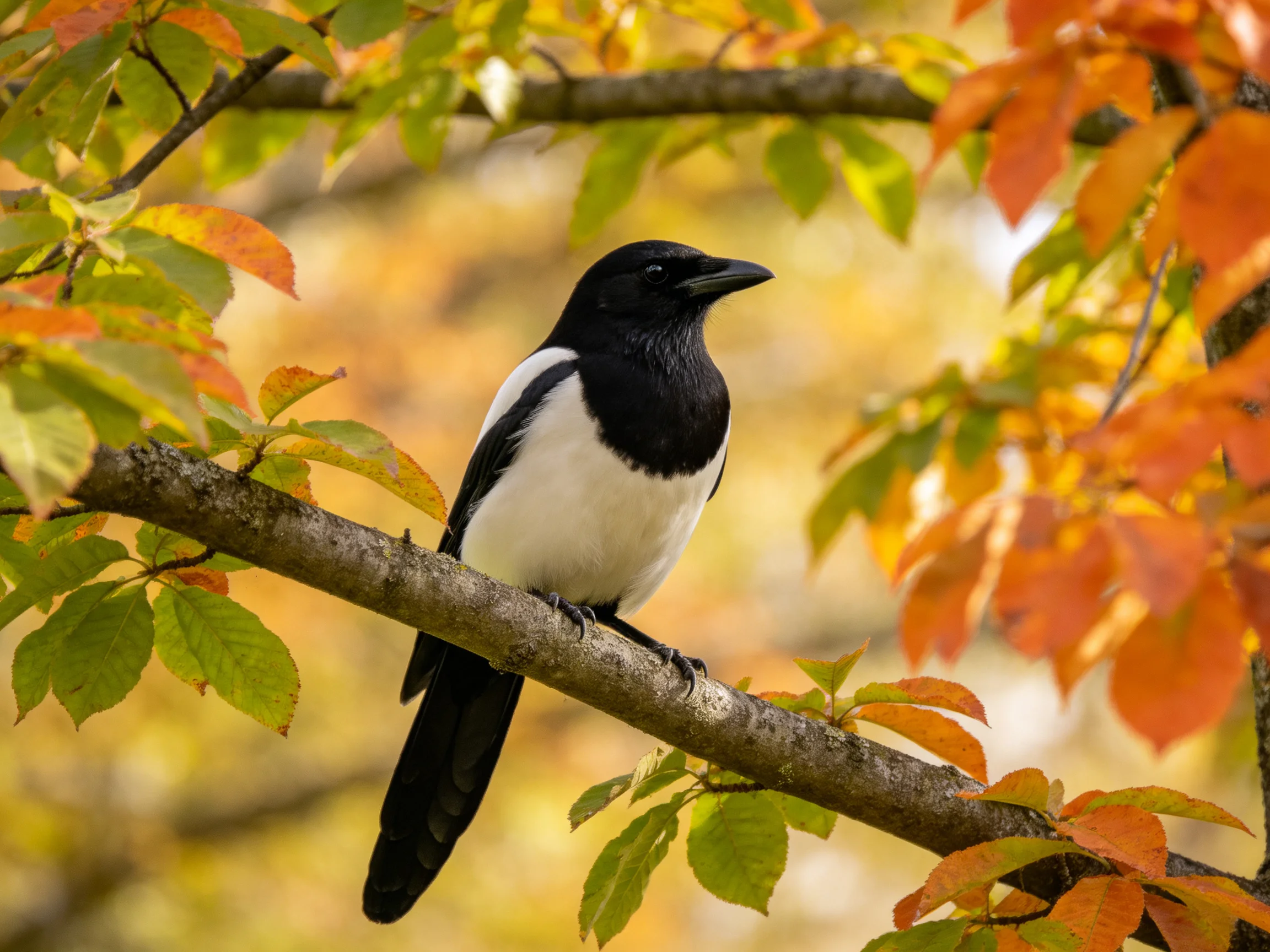 A black-and-white magpie rests on a tree branch amid colorful autumn foliage.