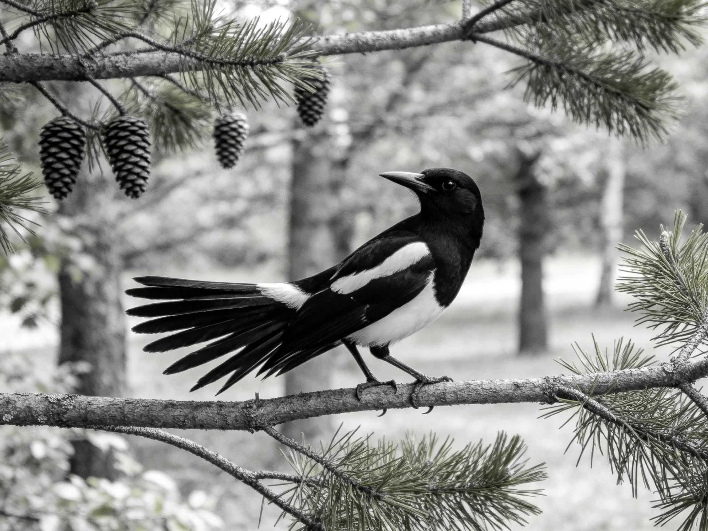A black and white magpie perches on a pine branch near pine cones