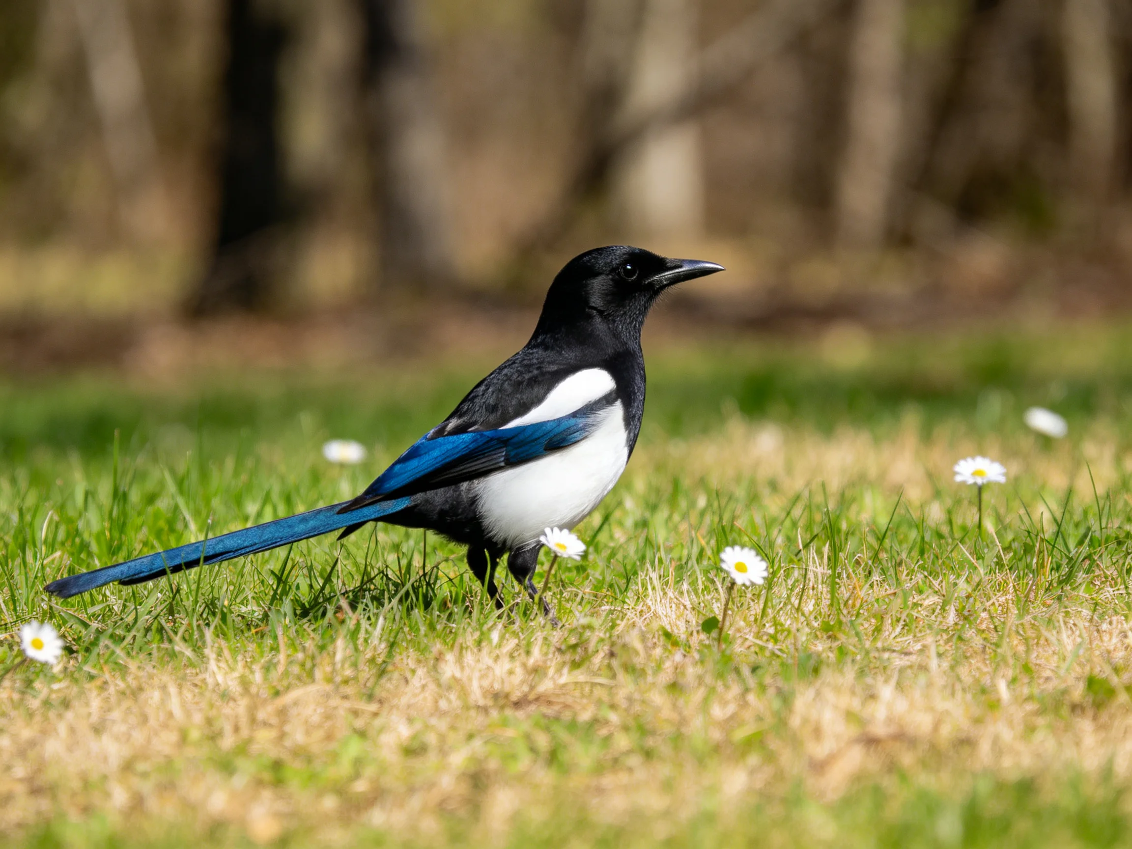 A black and white magpie with blue tail on grass near small white flowers