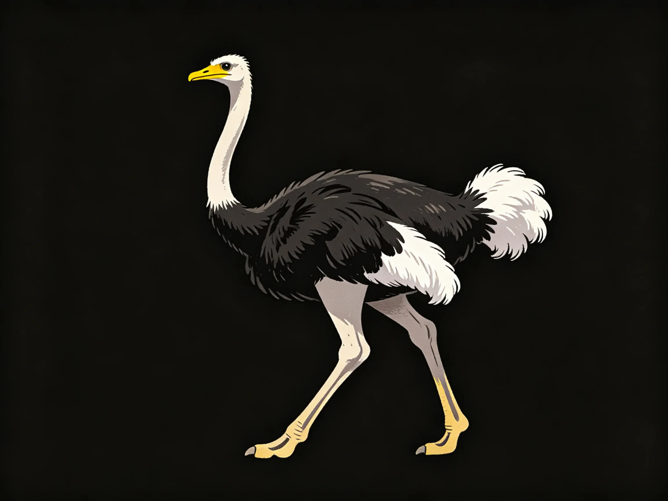 A black and white ostrich with yellow beak and long legs