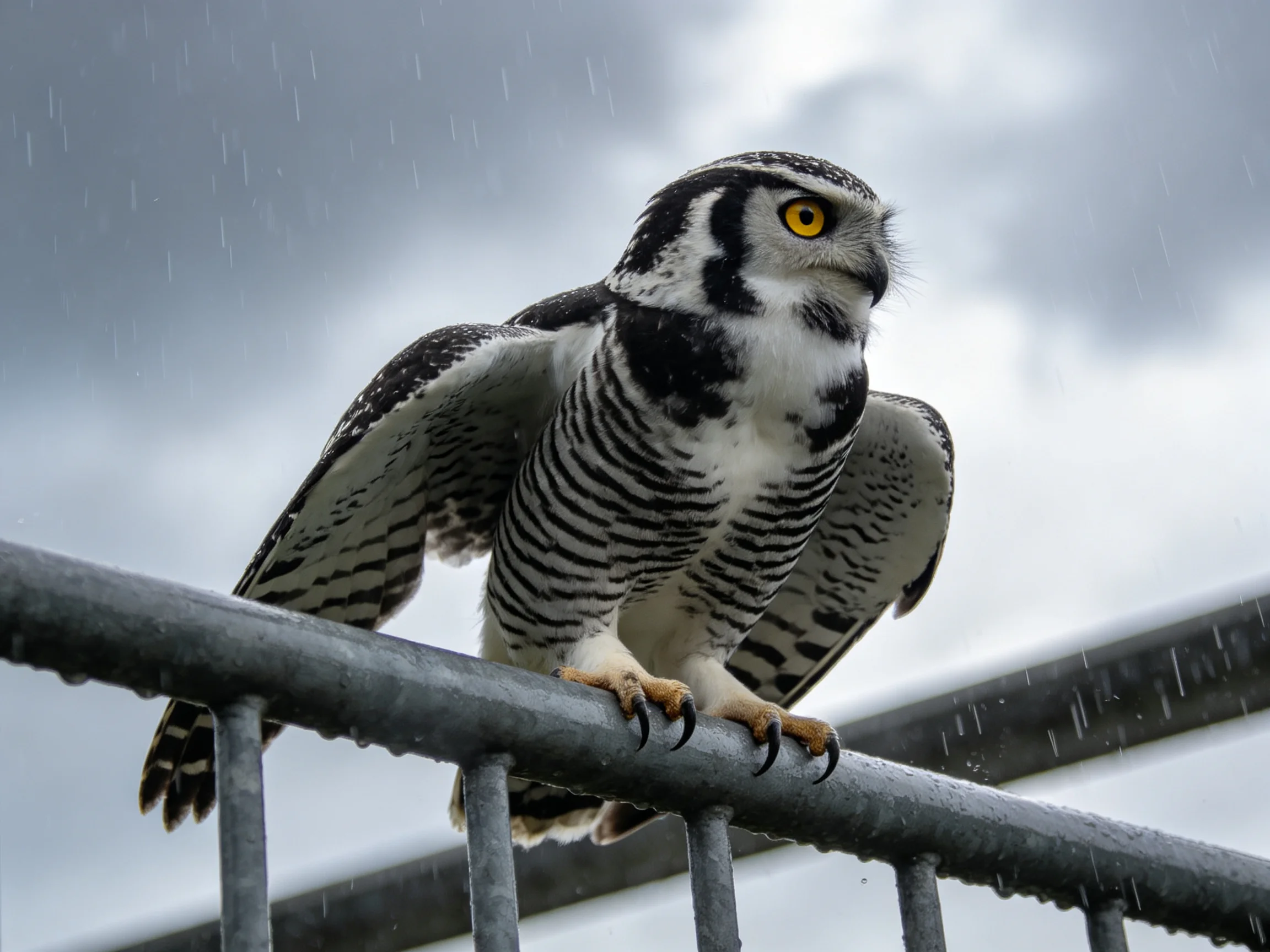 A black-and-white owl perched on a wet metal railing amid falling rain