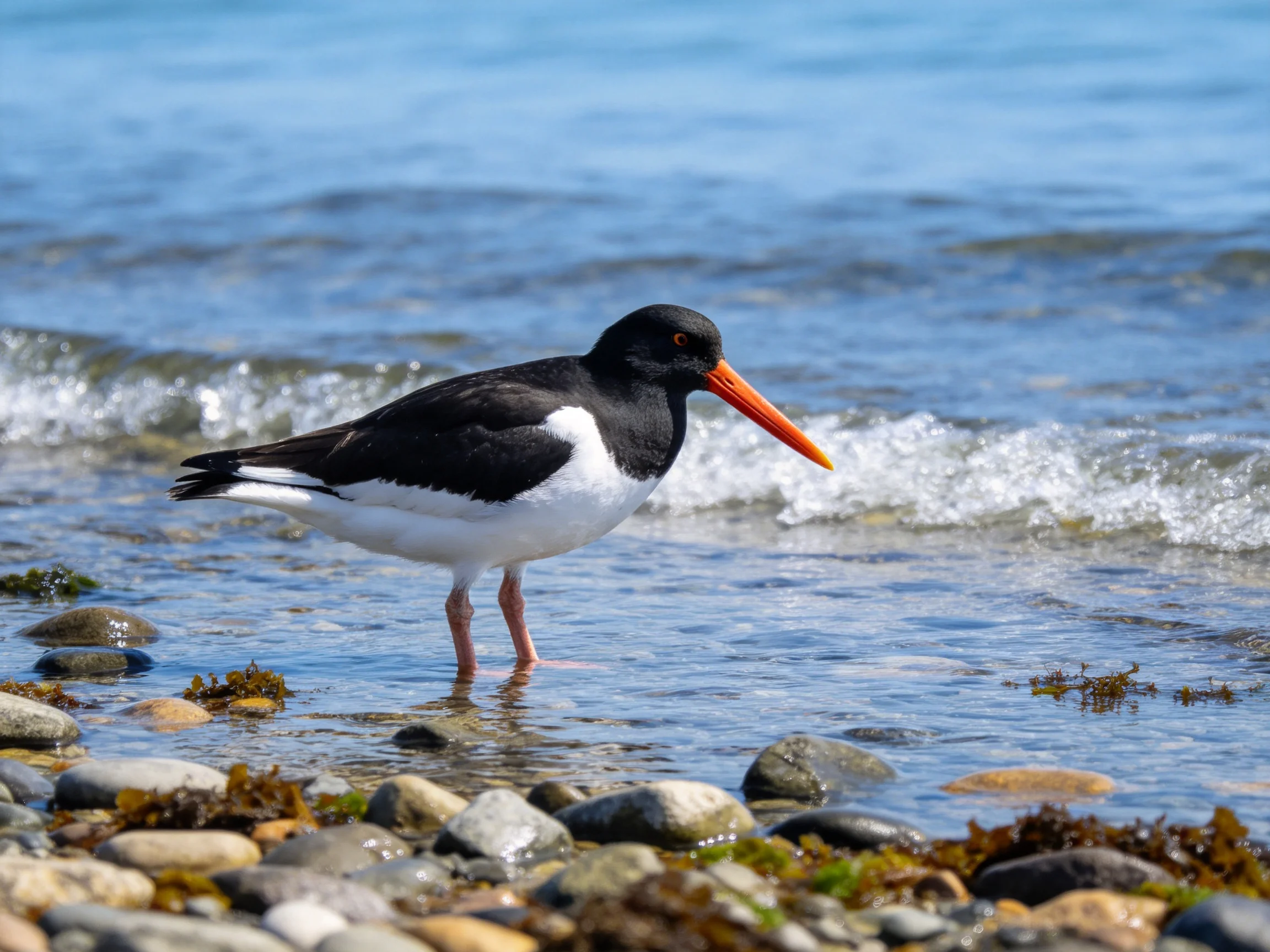 An oystercatcher with a long orange beak stands in shallow coastal water near rocks.