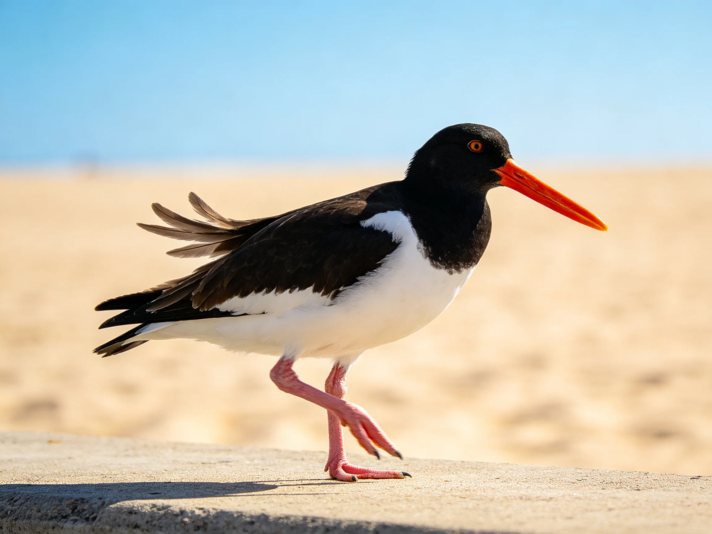 A black-and-white oystercatcher with an orange beak walks on sandy ground near a beach.