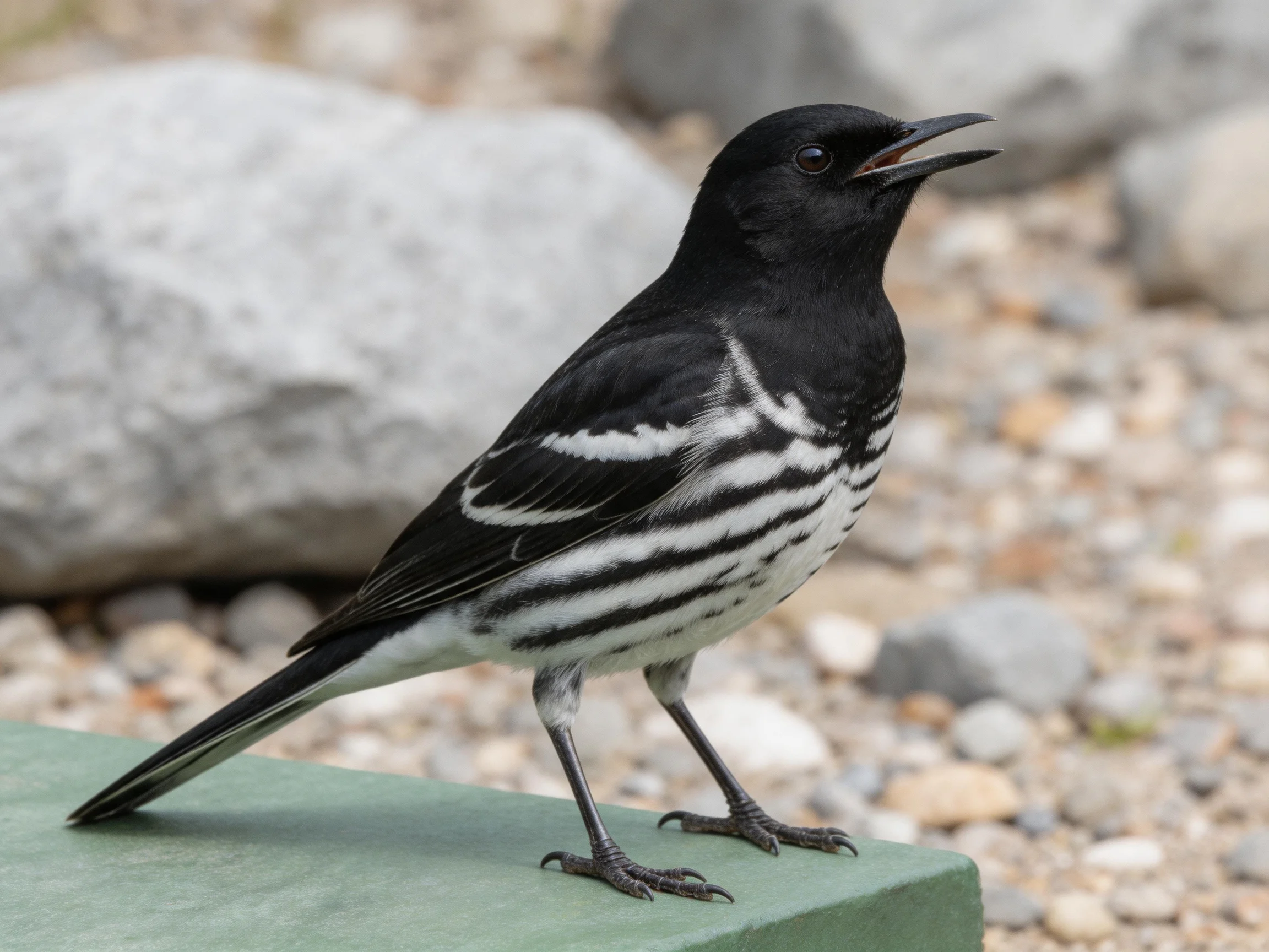 A black and white patterned bird standing on a green ledge