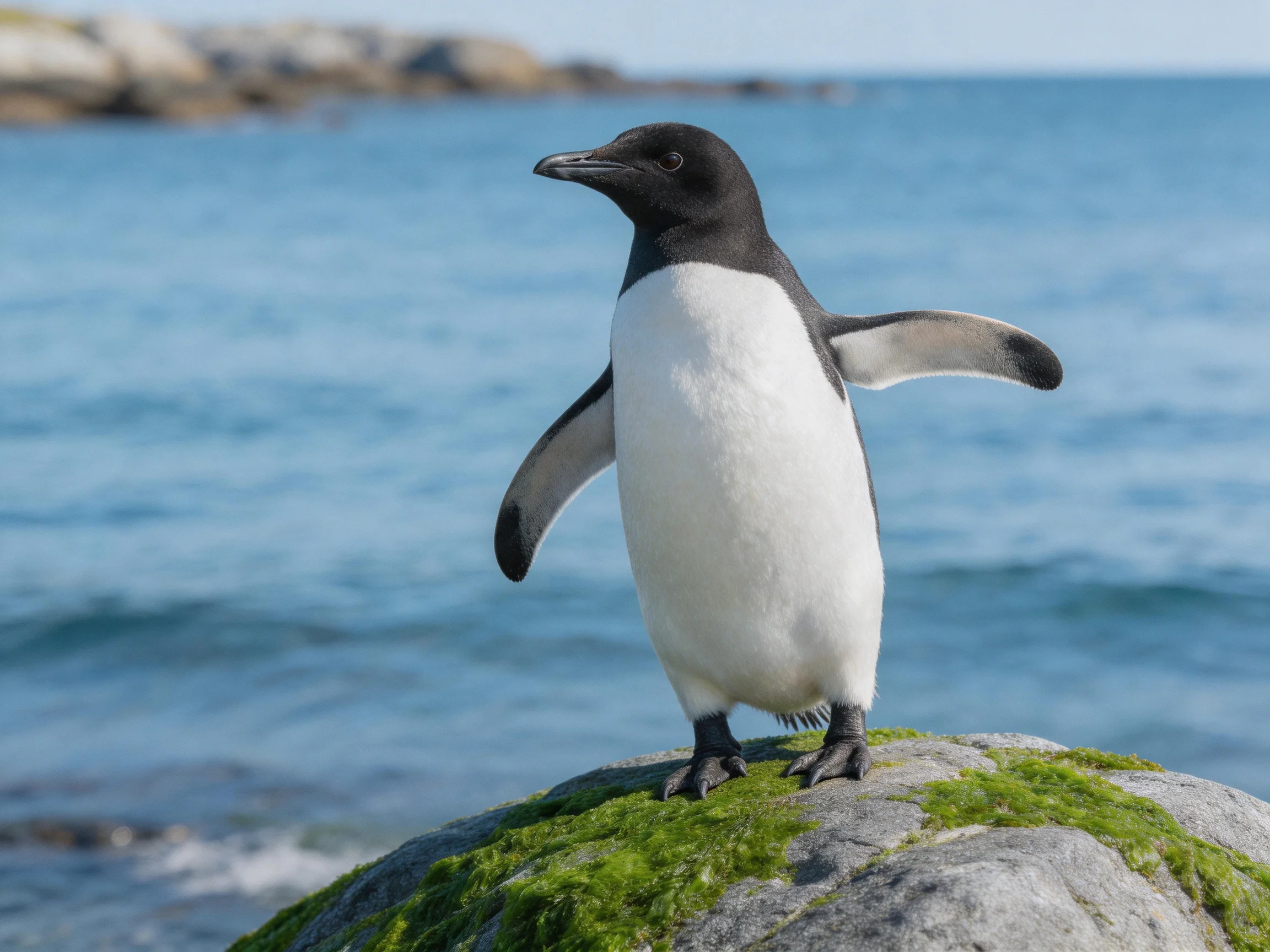 A black-and-white penguin stands on a moss-covered rock by the ocean