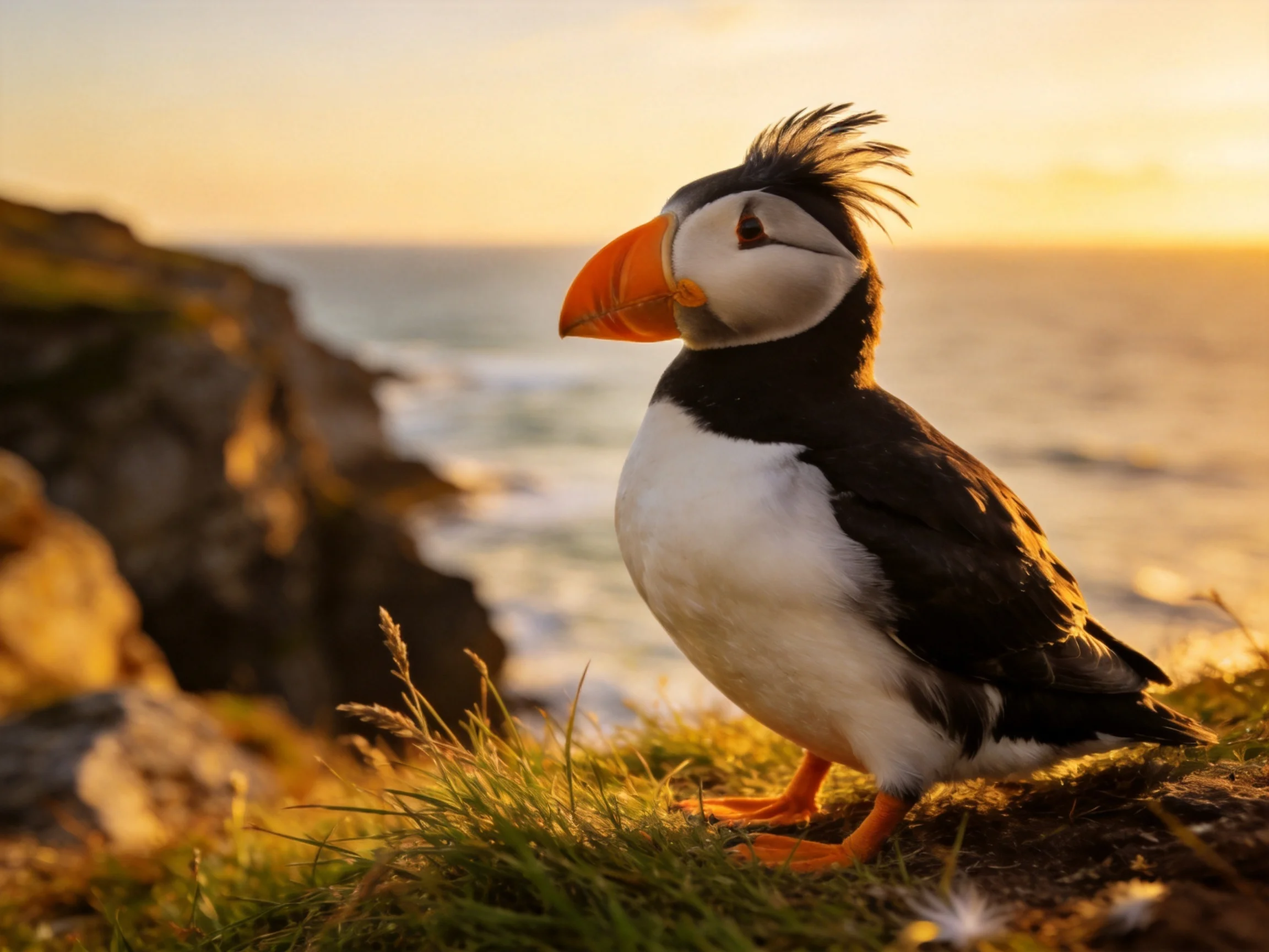 A black-and-white puffin sits on grassy cliff edge by rocky shore at sunset