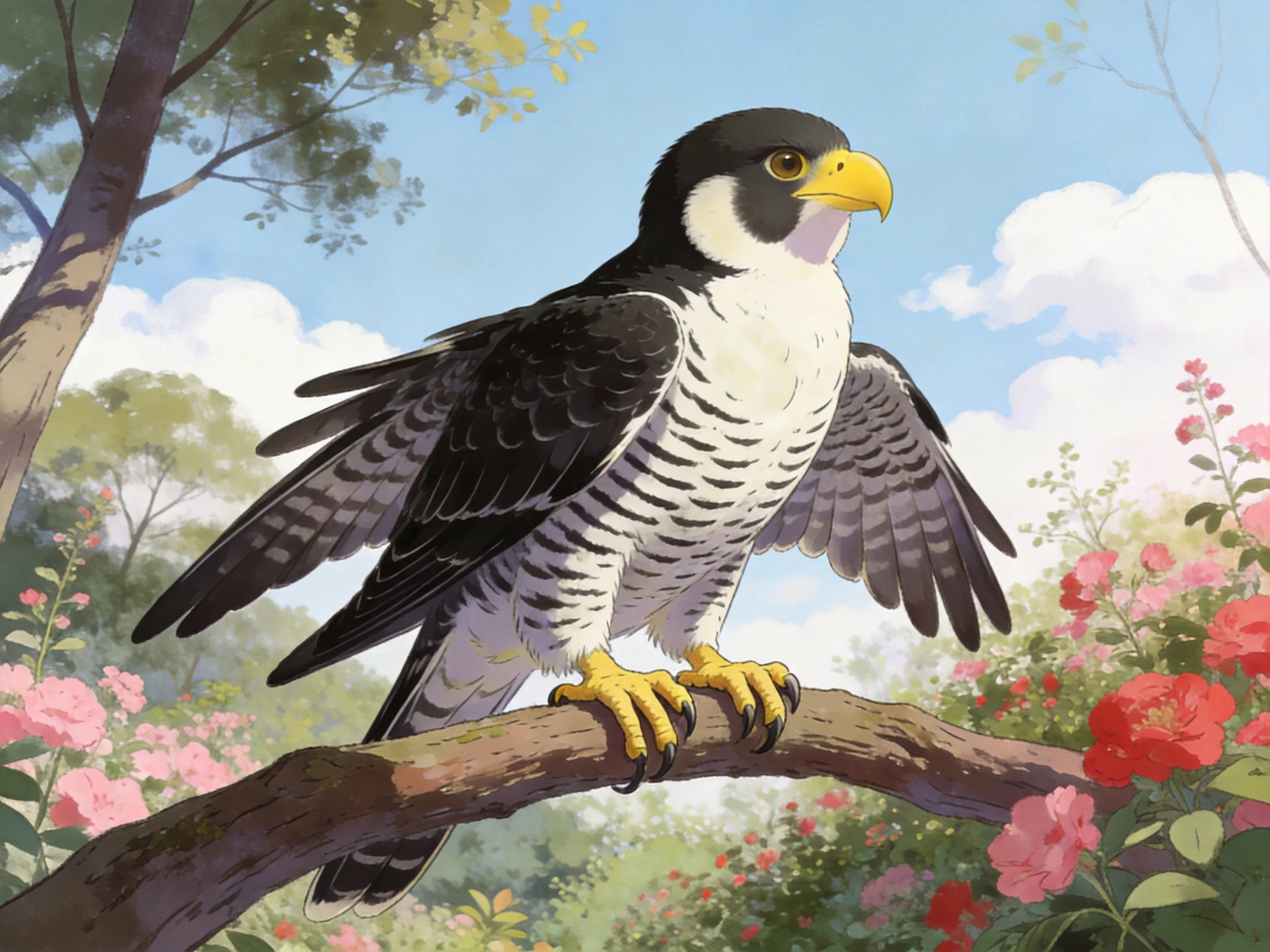 A black-and-white raptor perches on a tree branch amid vibrant floral scenery