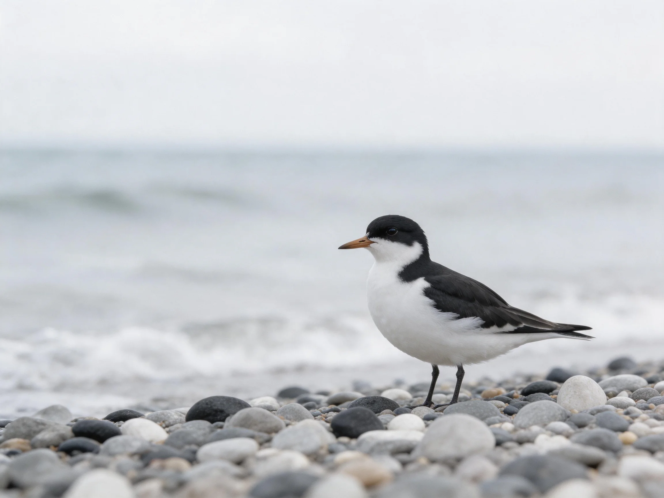 A black-and-white seabird on pebbly shore near the ocean
