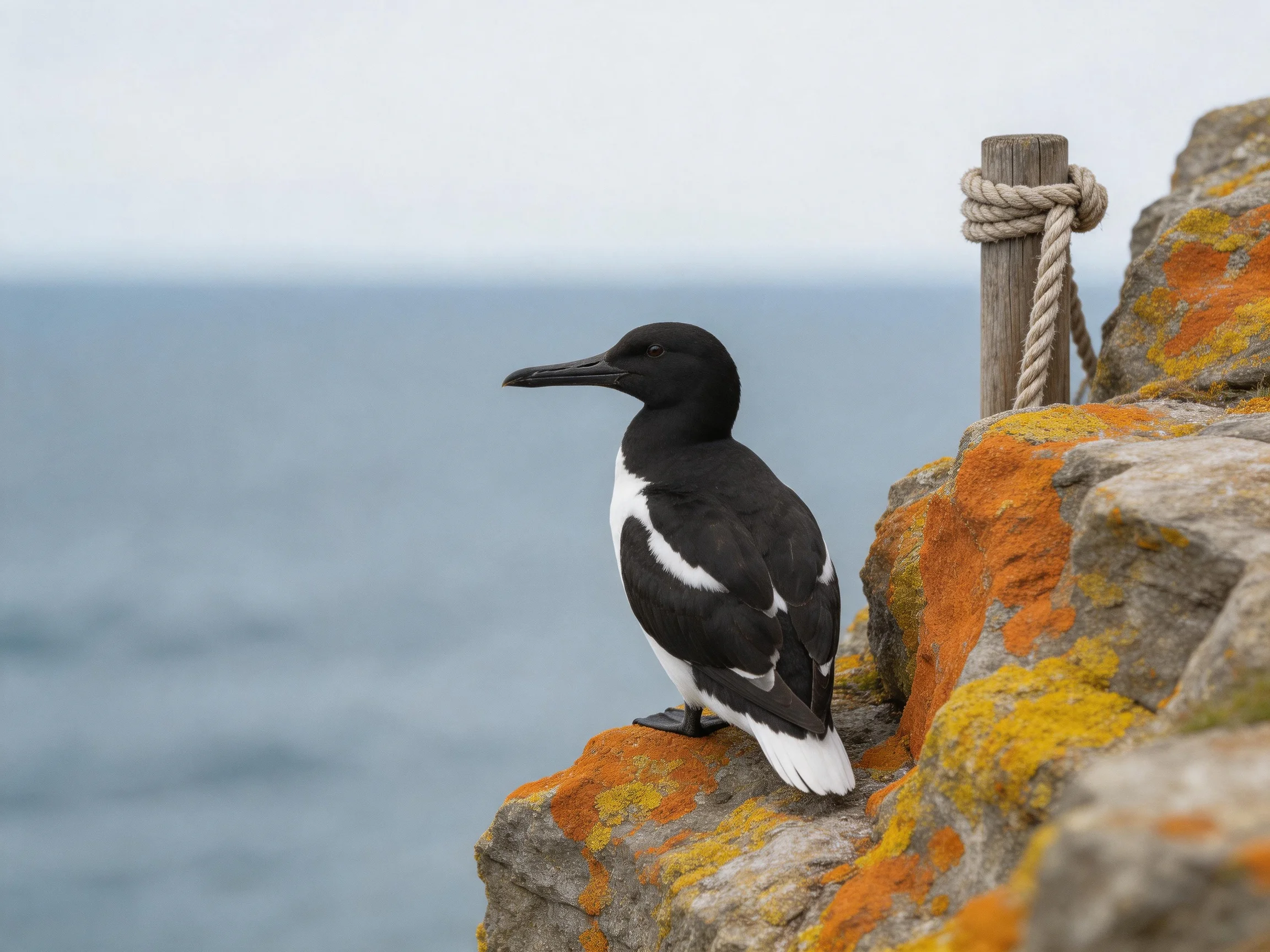 A black and white seabird perched on colorful coastal rocks by the ocean