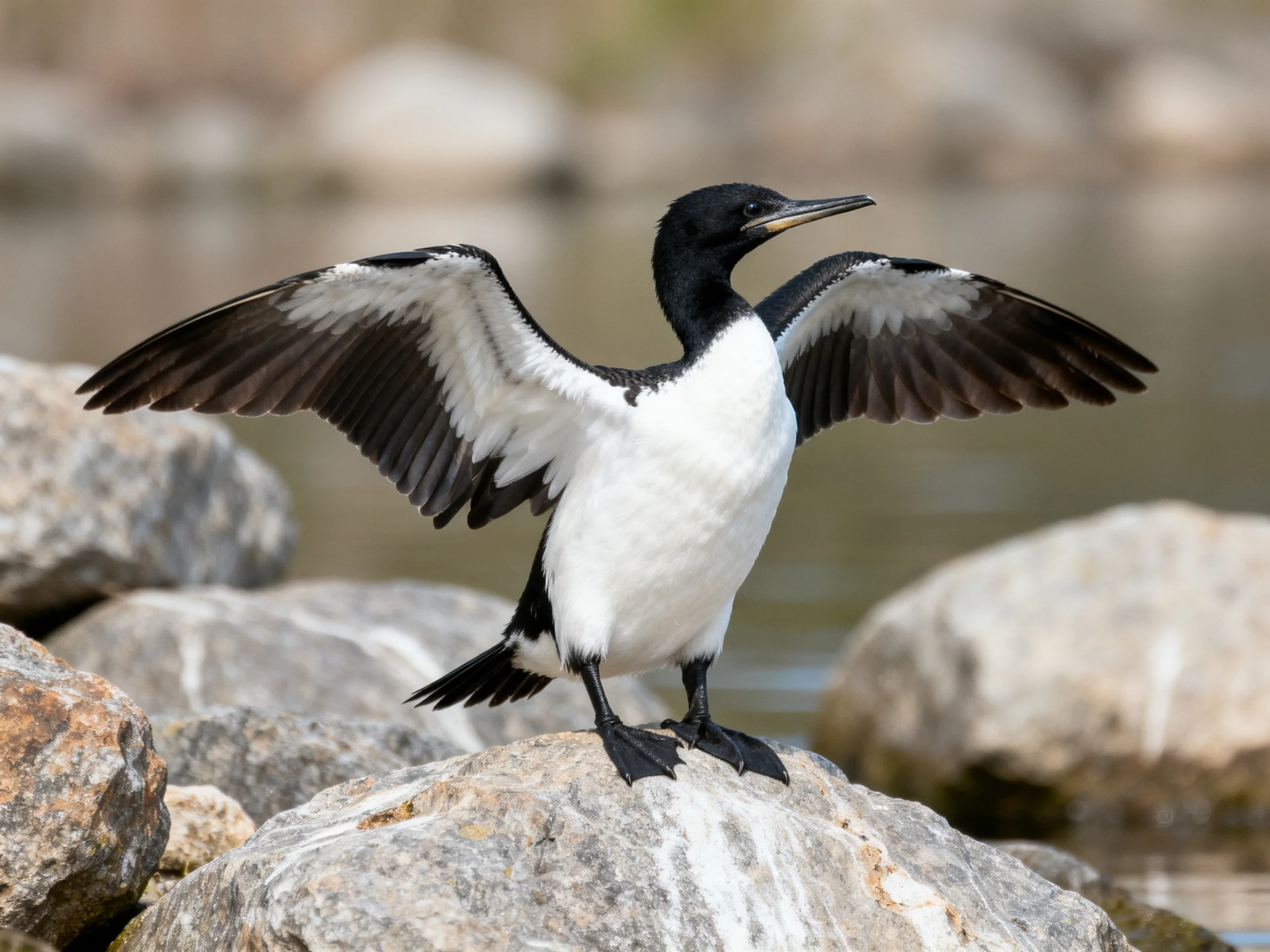 A black and white seabird spreading wings on rocky terrain