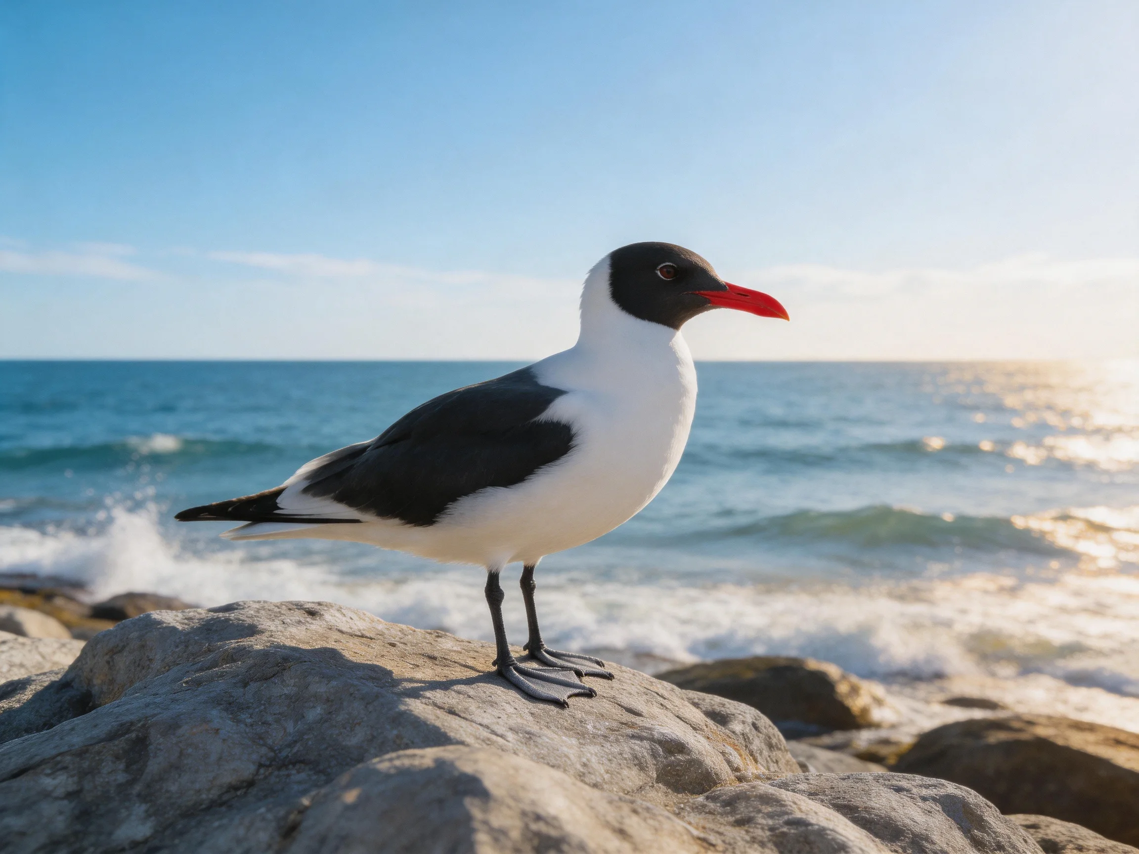 A black-and-white seabird with red beak perched on coastal rocks