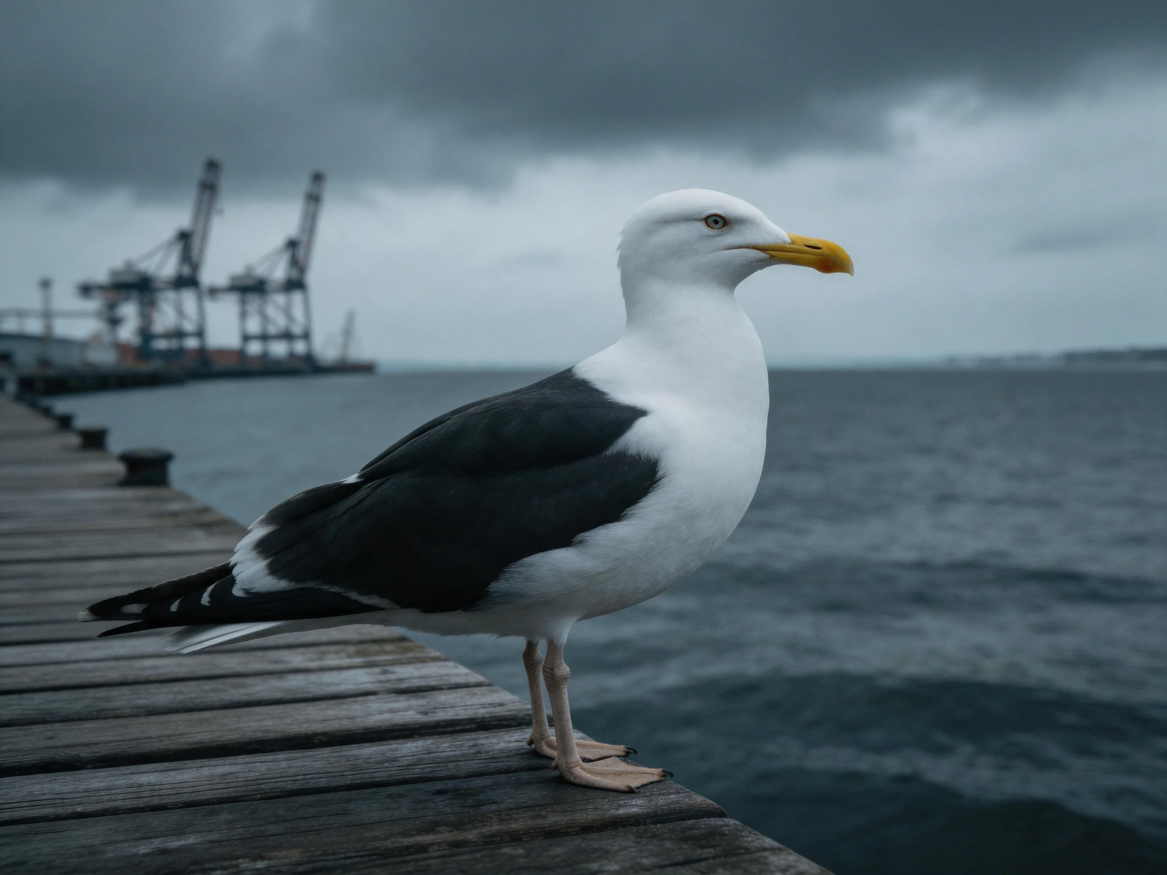 A black-and-white seagull perched on a wooden pier near industrial cranes