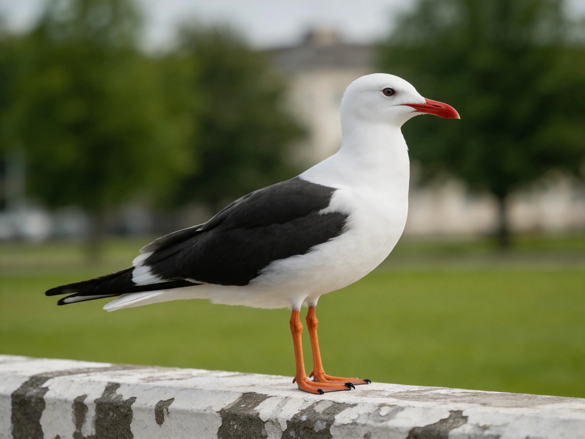 A black and white seagull with orange beak rests on a weathered concrete ledge.