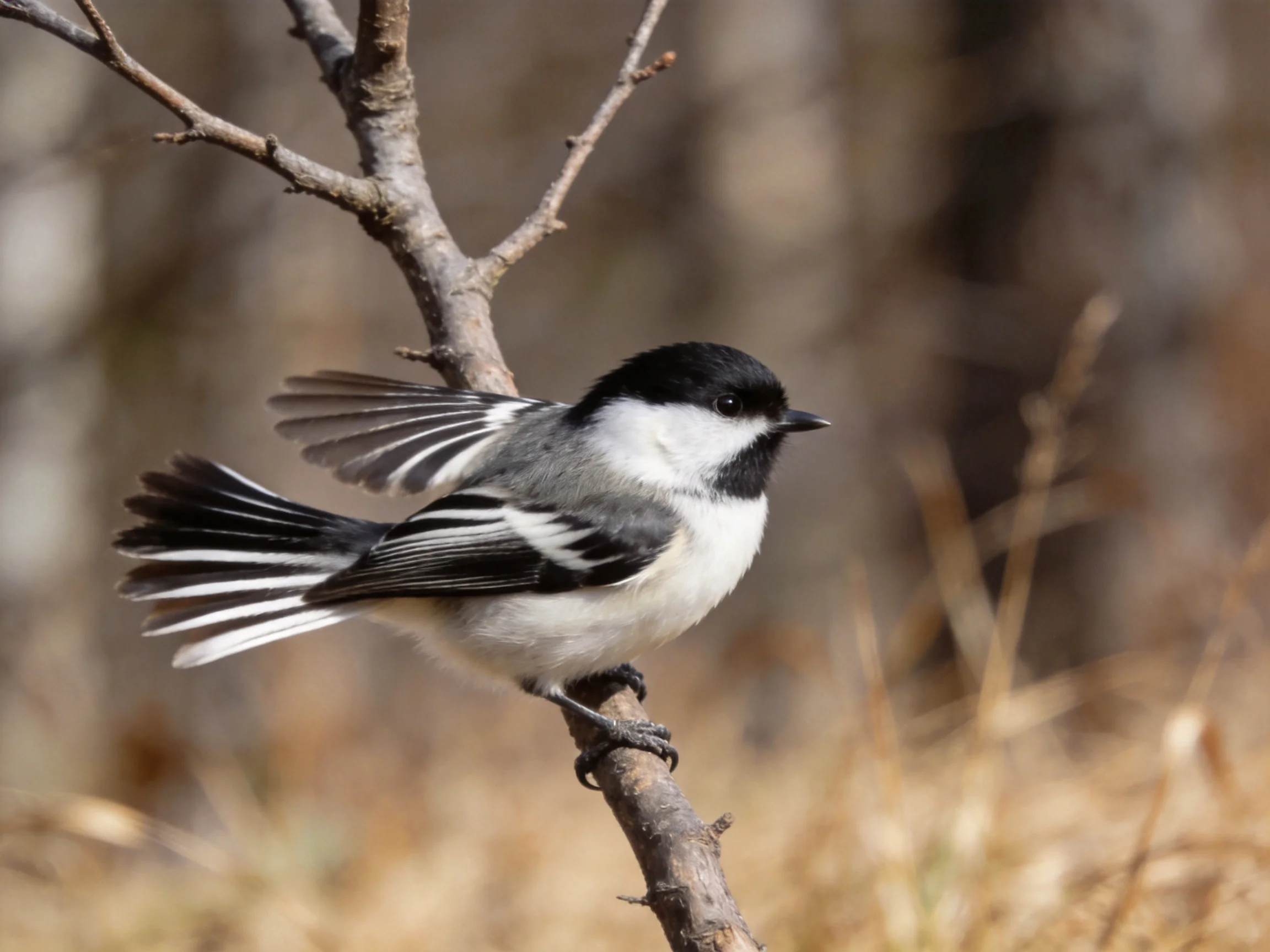 A black-and-white songbird perched on a bare tree branch