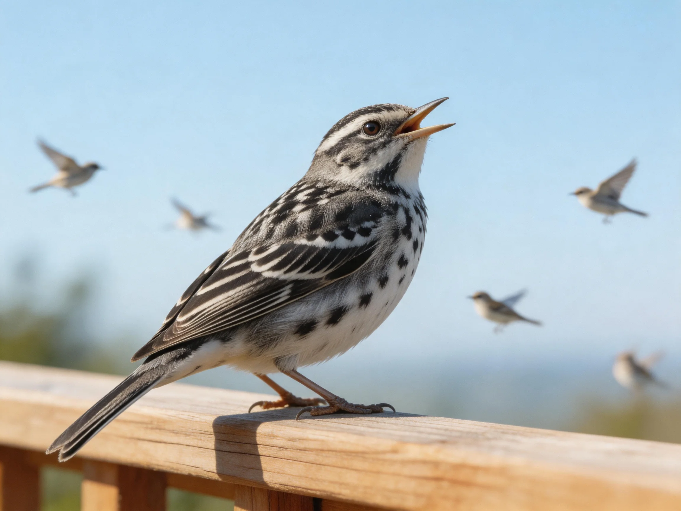A black-and-white songbird perched on a wooden railing with flying birds