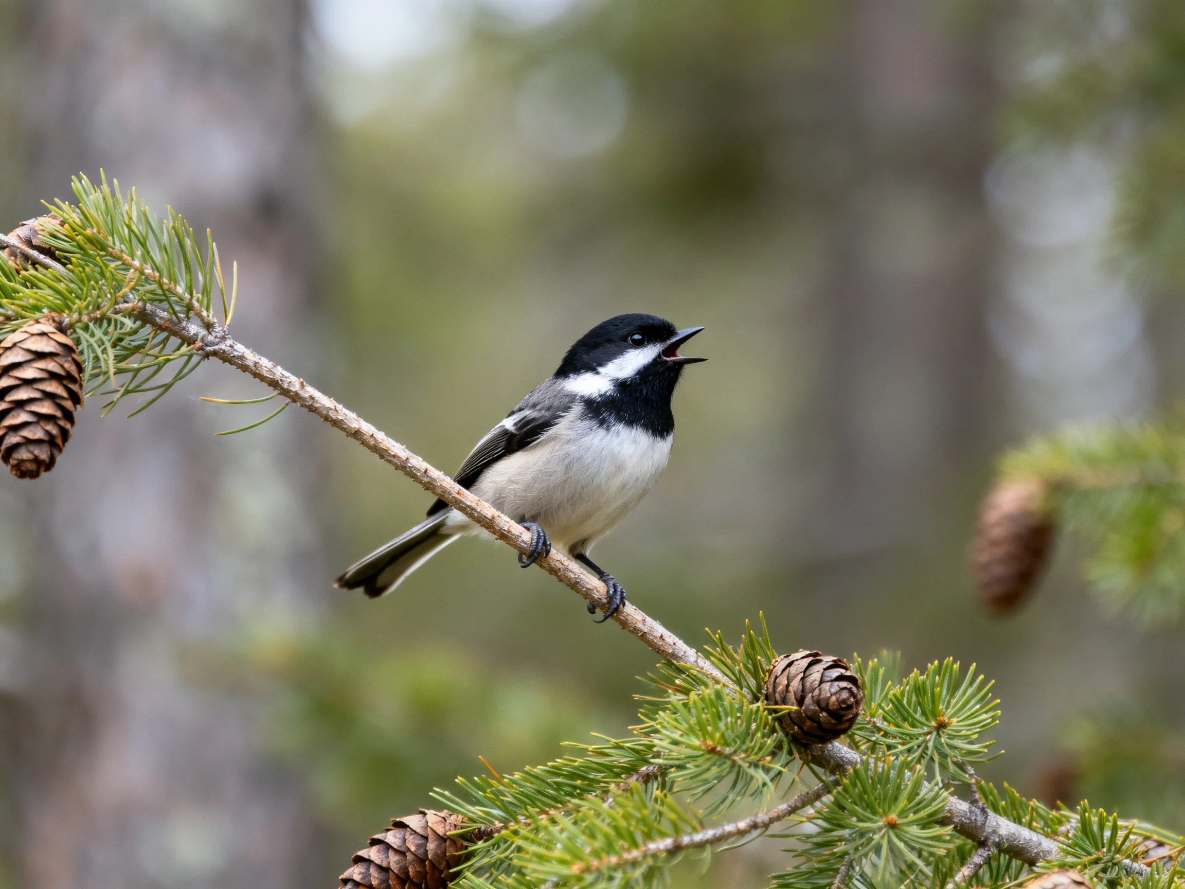 A black and white songbird perched on pine branch with multiple cones
