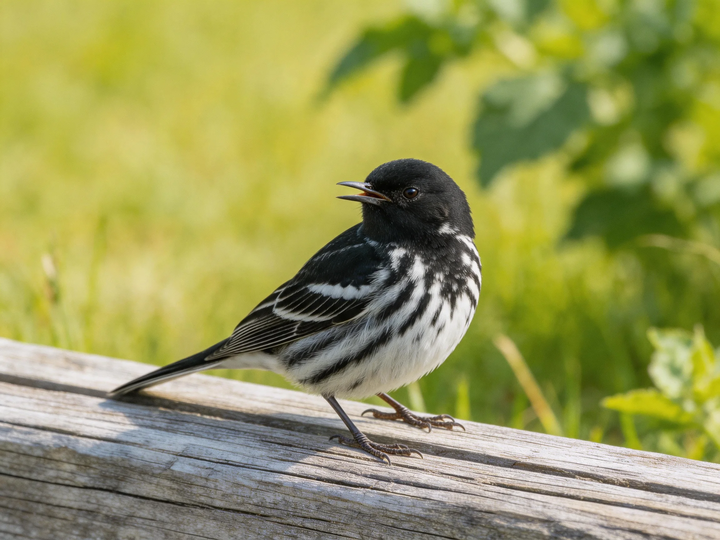 A black and white songbird perched on weathered wood with green foliage