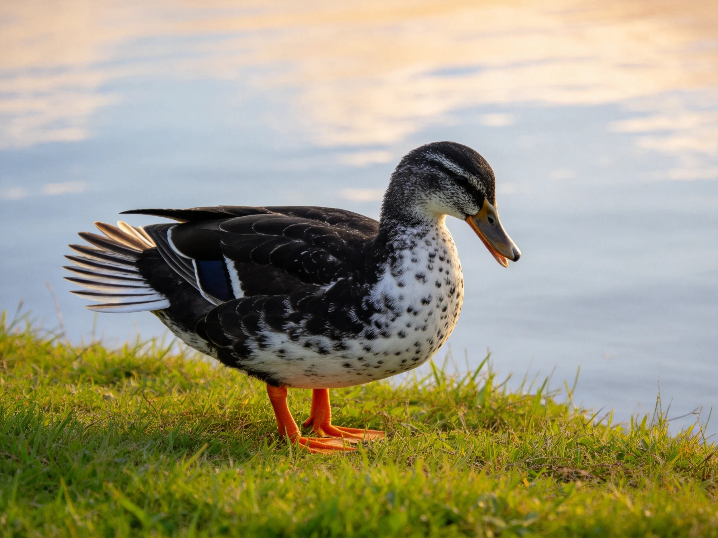 A black-and-white speckled duck with orange feet on green grass by calm water
