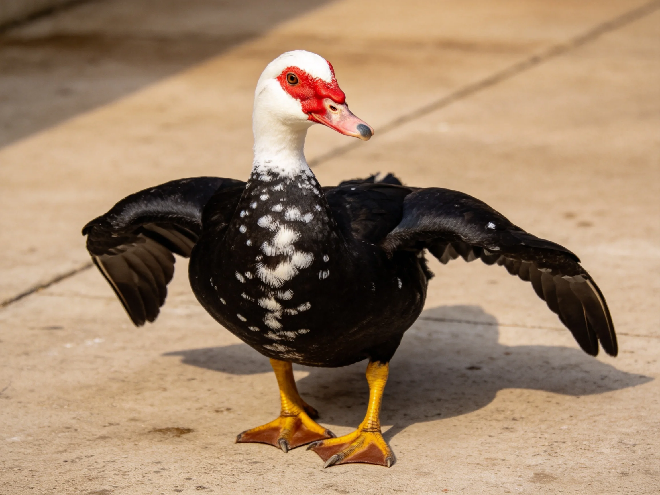 A black and white speckled duck with red head and yellow feet