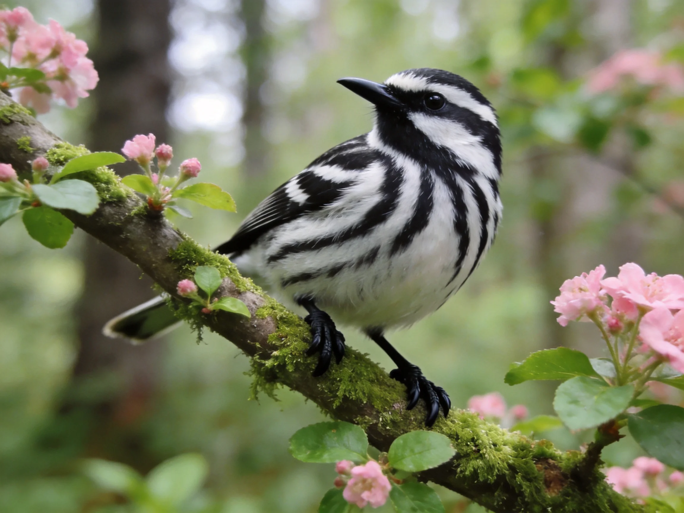 A black-and-white striped bird perched on a mossy branch with pink blossoms