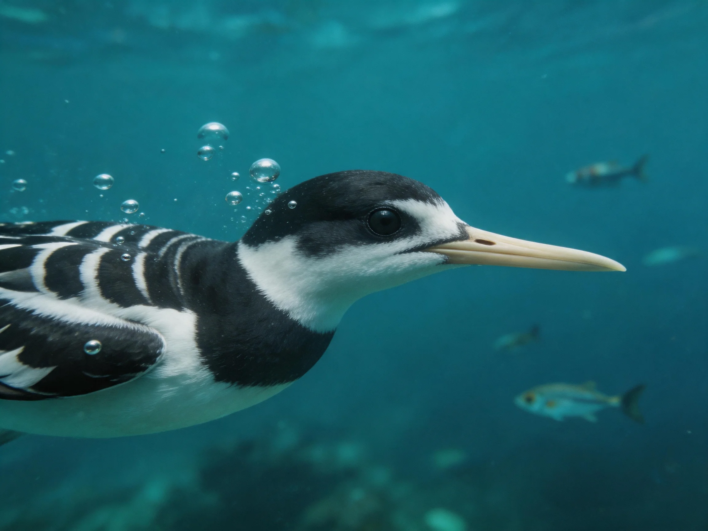 A black-and-white bird swims underwater near small fish