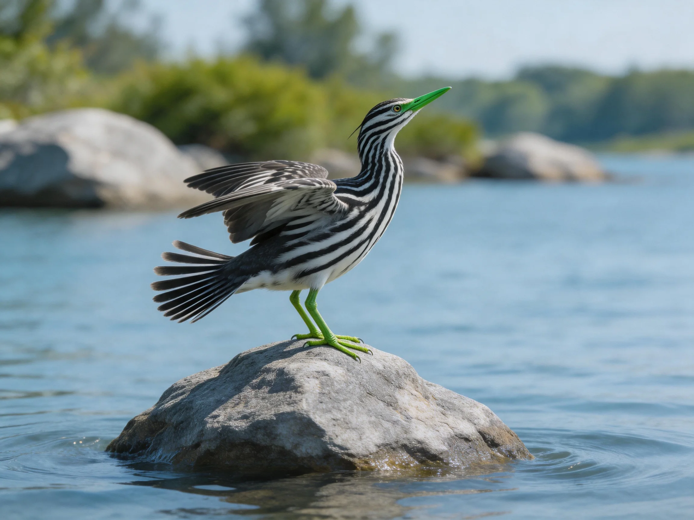 A black-and-white striped bird with a green beak perches on a rock in calm water