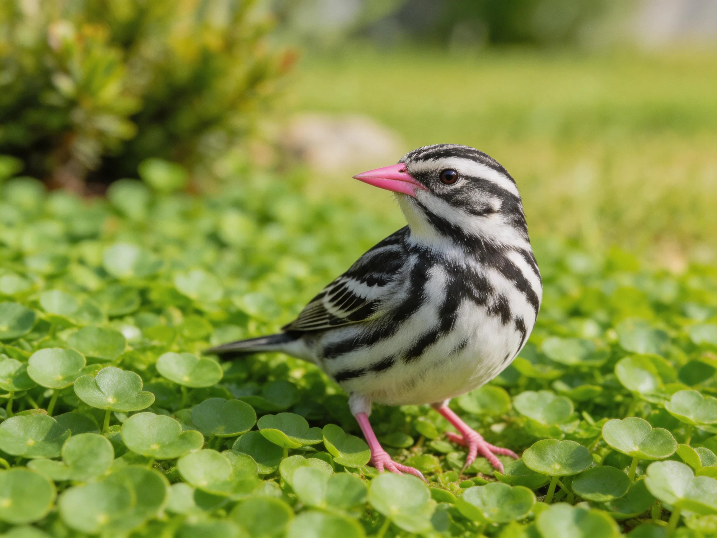 A black-and-white striped bird with pink beak on clover