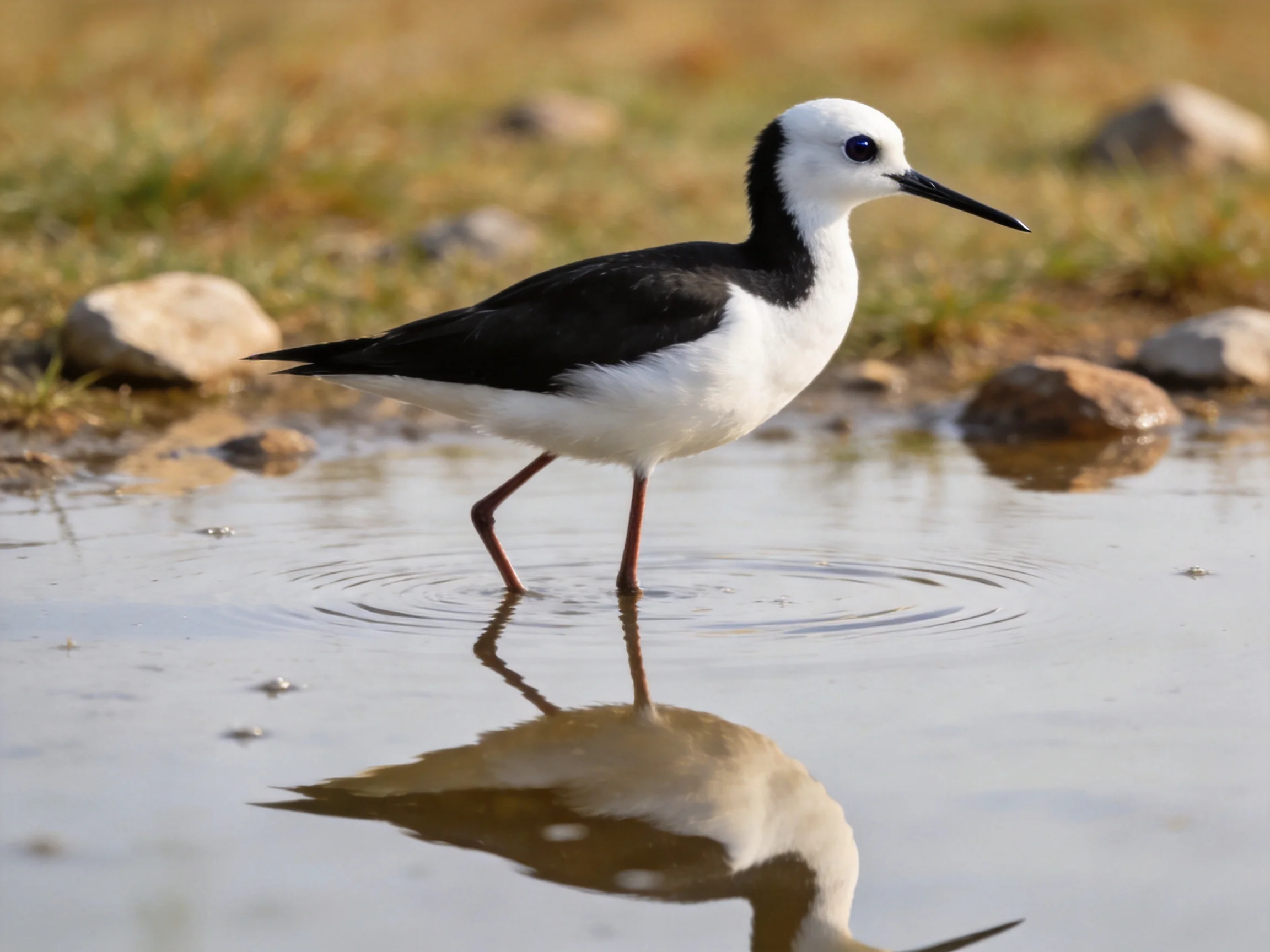 A black and white wader bird standing in shallow water