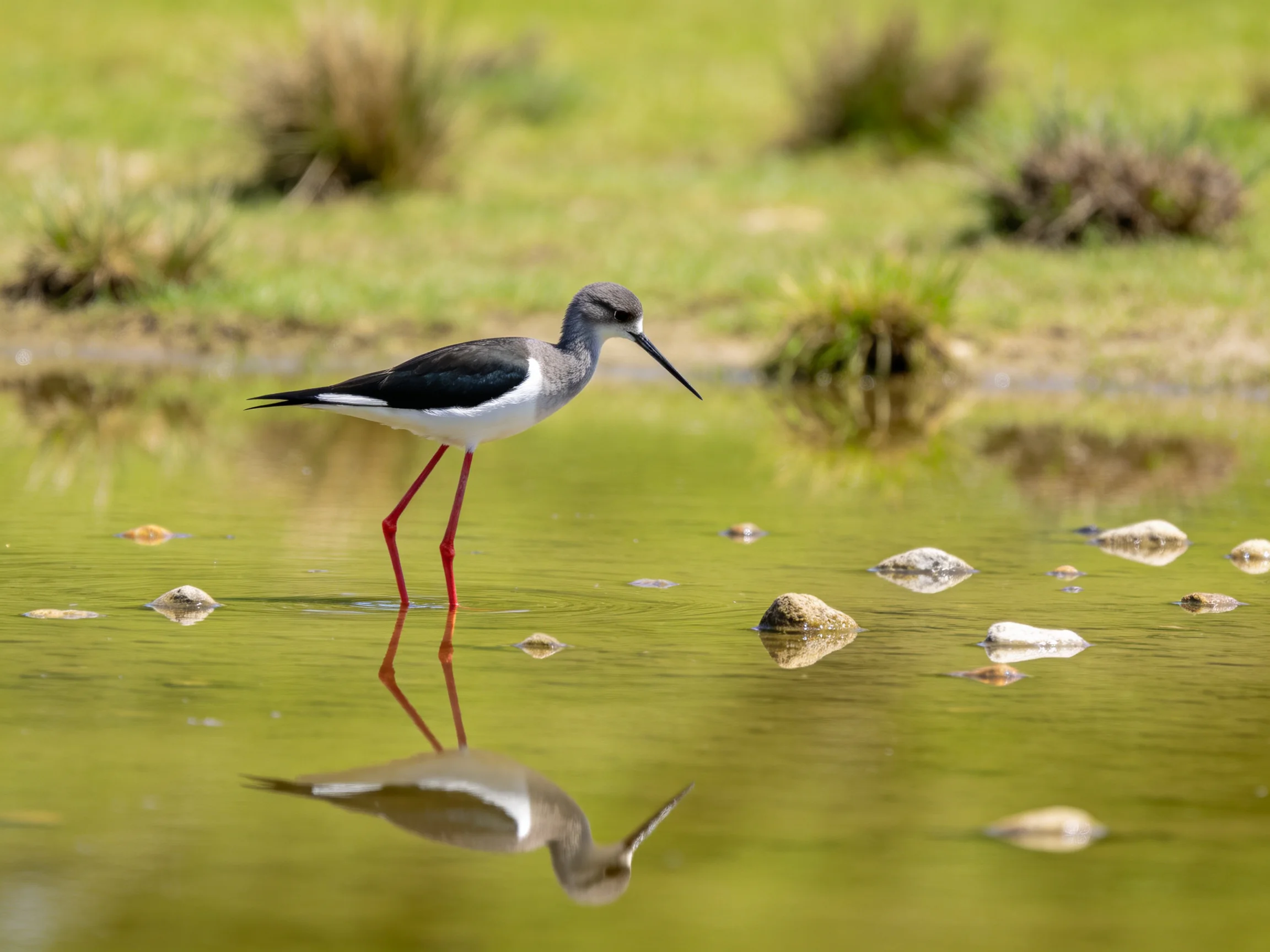 A black-and-white wader explores calm waters near scattered stones