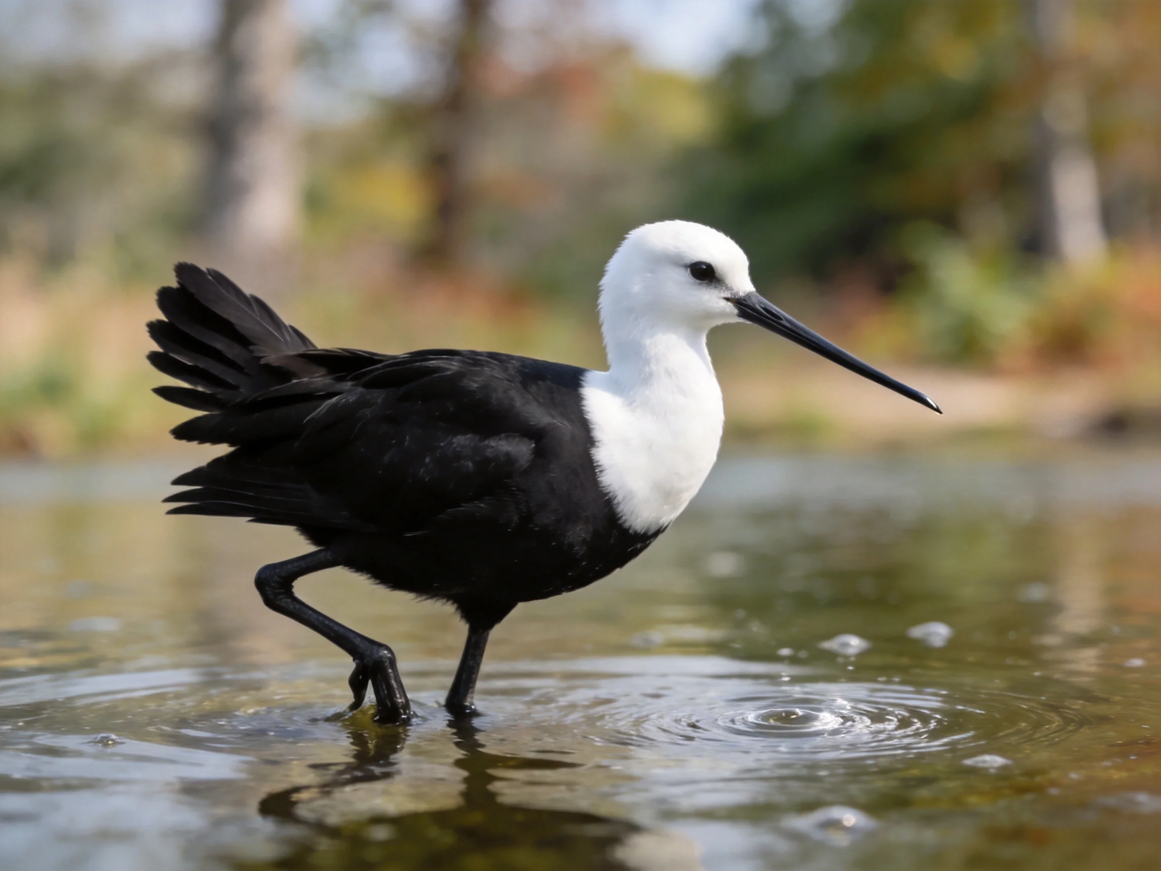 A black and white wading bird with long beak in shallow water