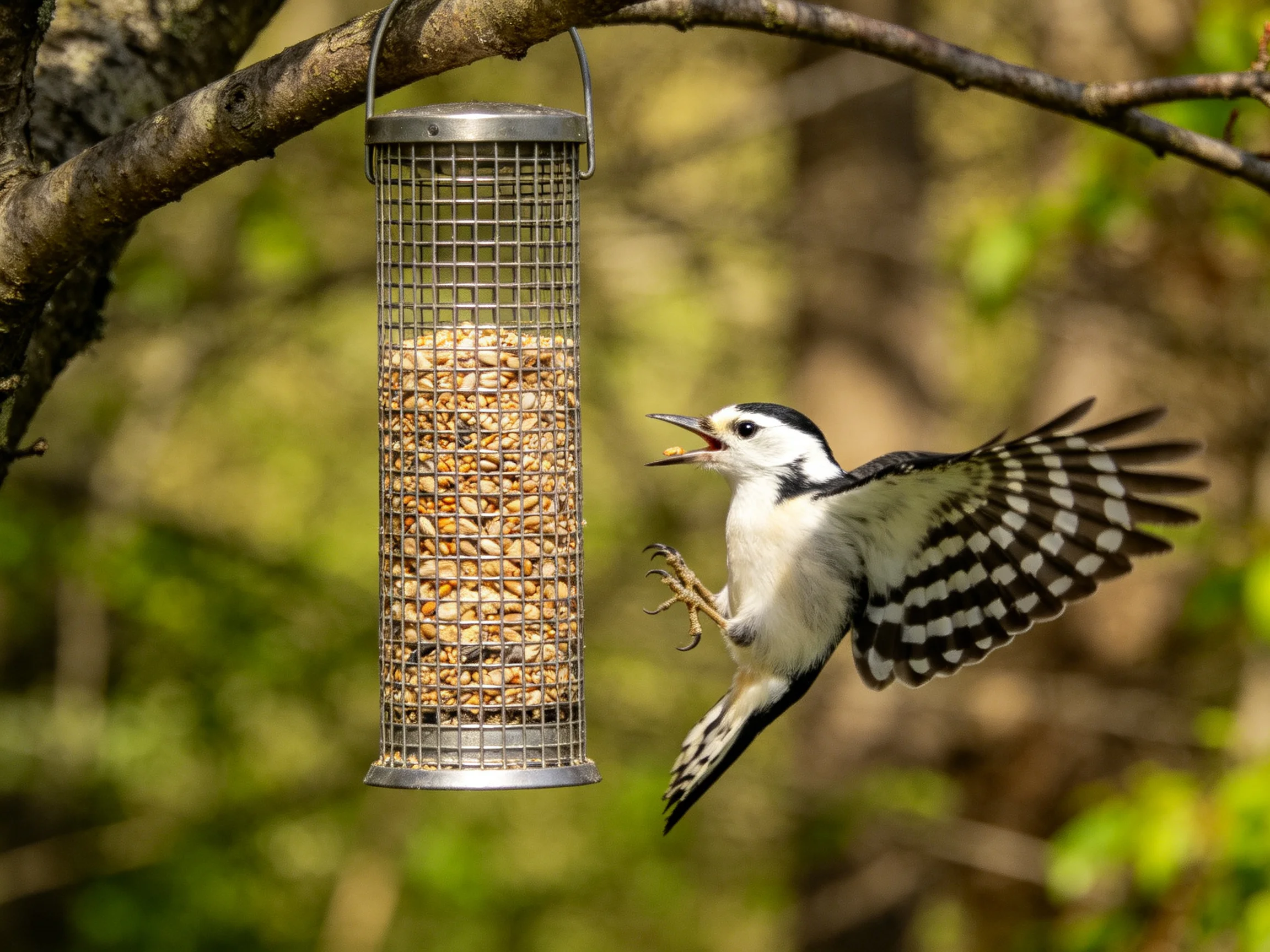 A black-and-white woodpecker approaches a cylindrical seed-filled feeder hanging from a tree branch.