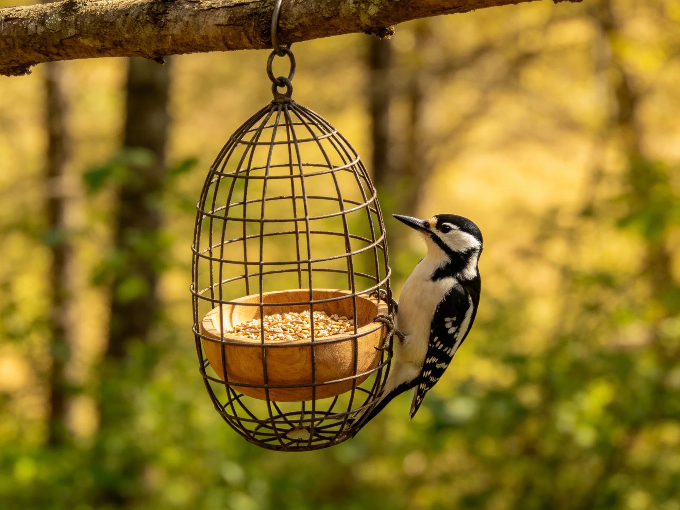A black-and-white woodpecker on an oval wire bird feeder