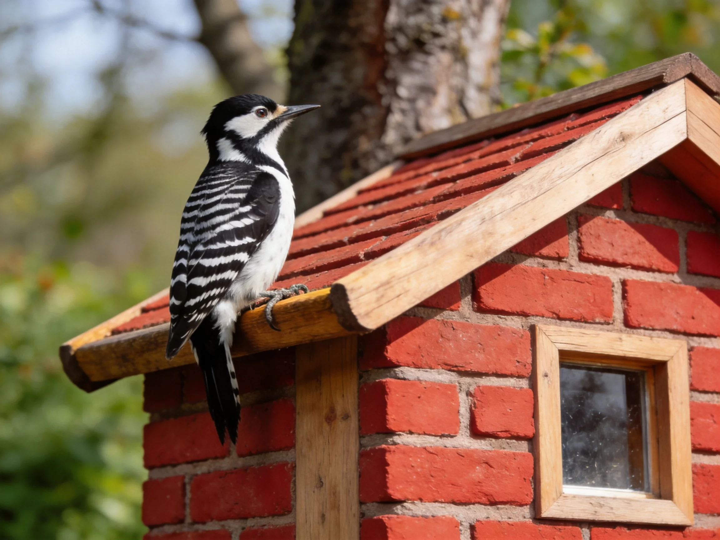 A black-and-white woodpecker perches on a red brick birdhouse