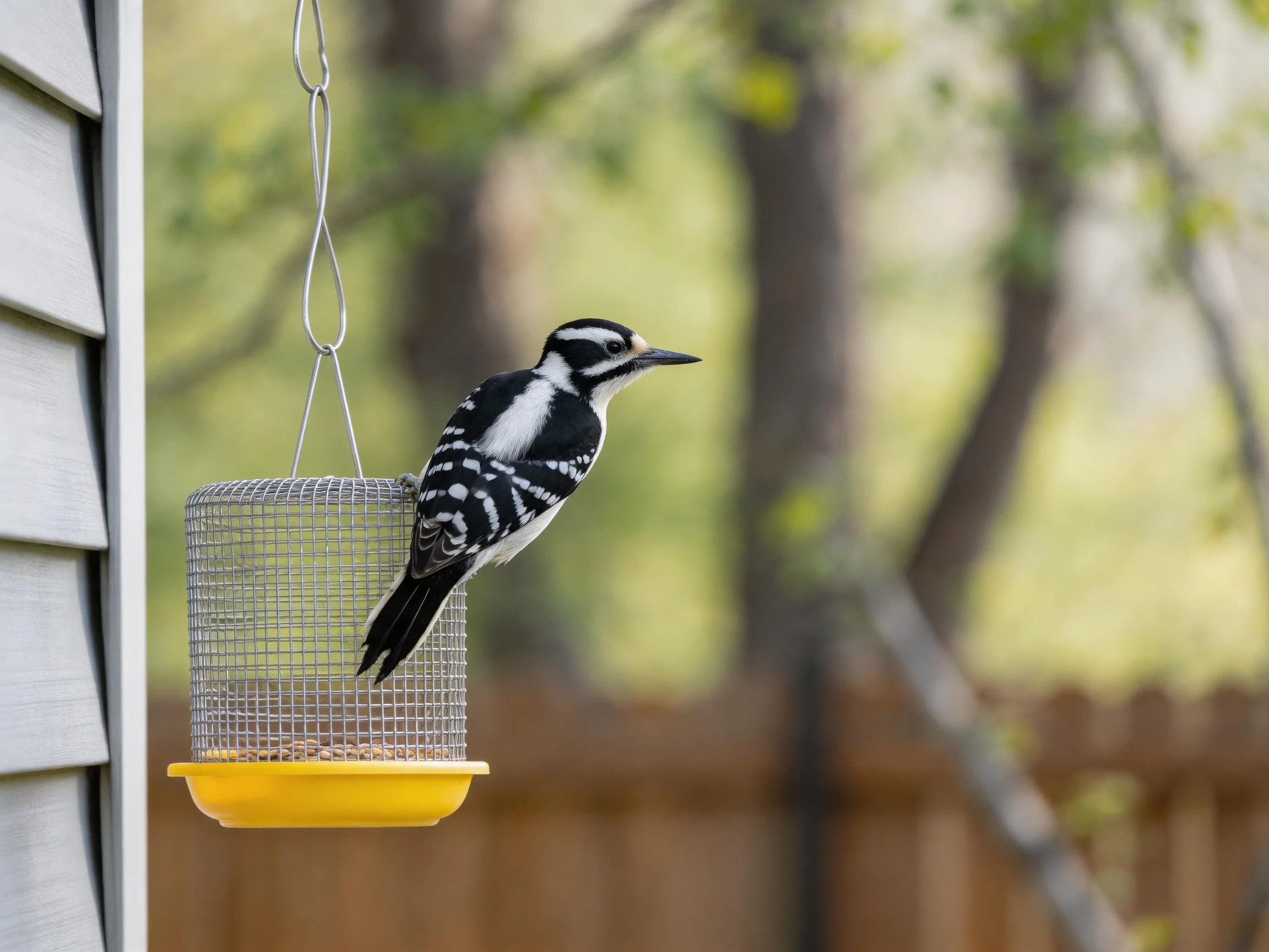 A black-and-white woodpecker perches on a yellow mesh bird feeder