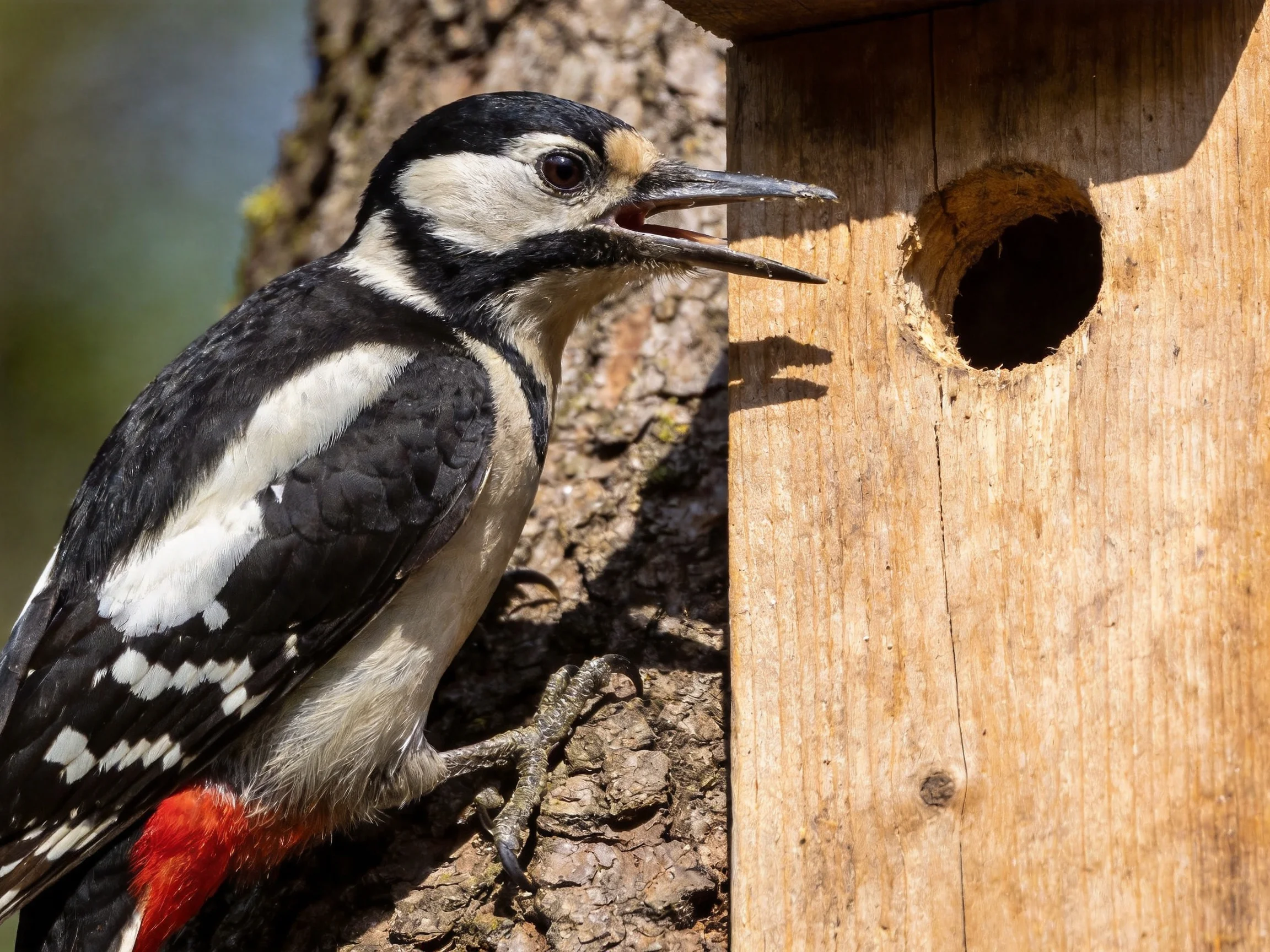A black-and-white woodpecker with red tail near a wooden birdhouse
