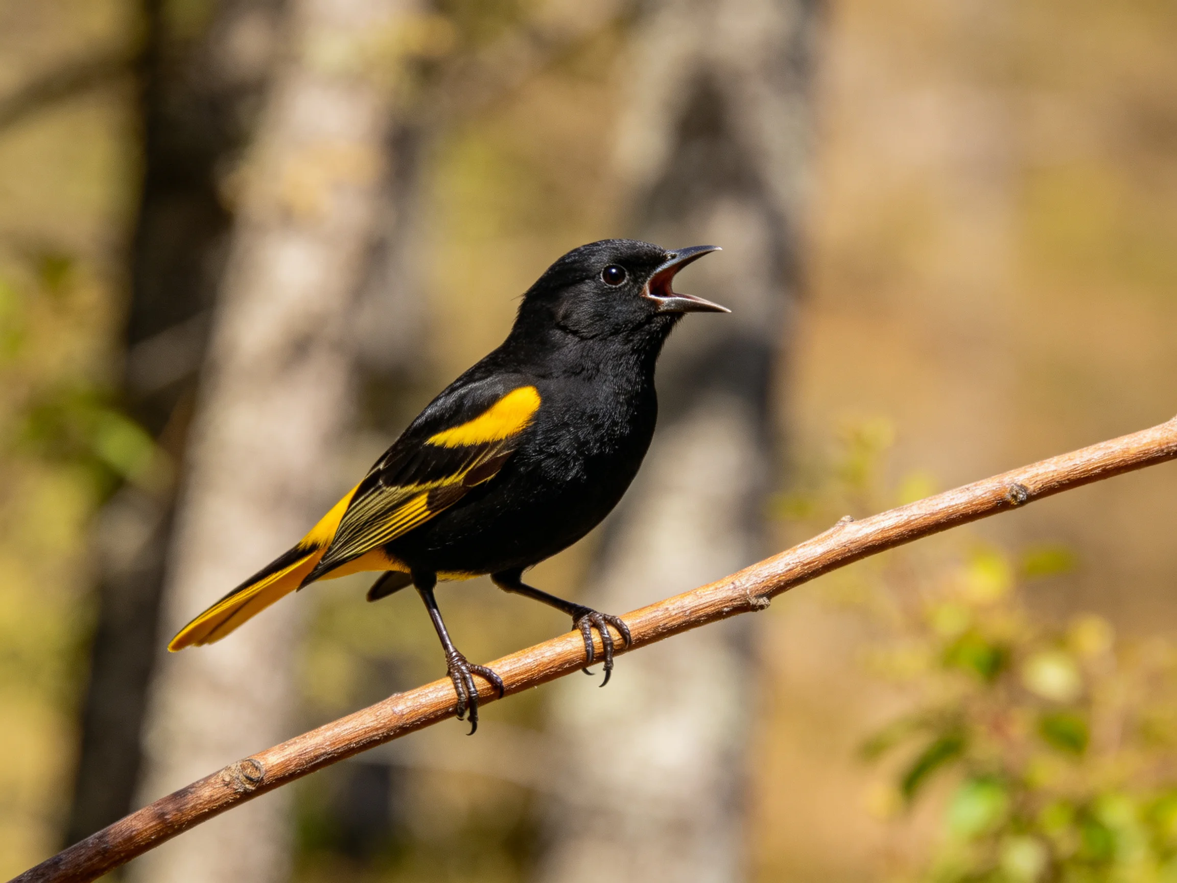 A black and yellow bird rests on a branch amid blurred forest scenery.