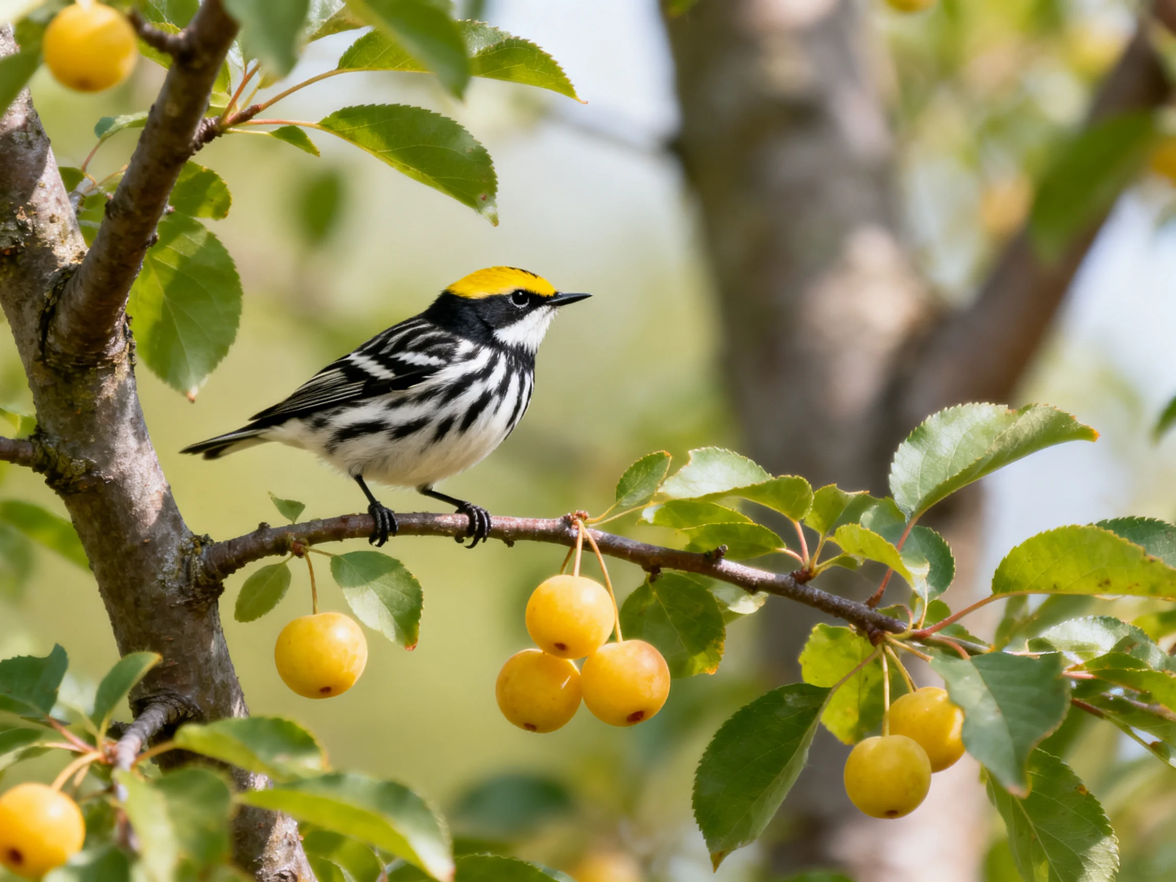 A black-and-yellow warbler perches on a tree branch with yellow fruits