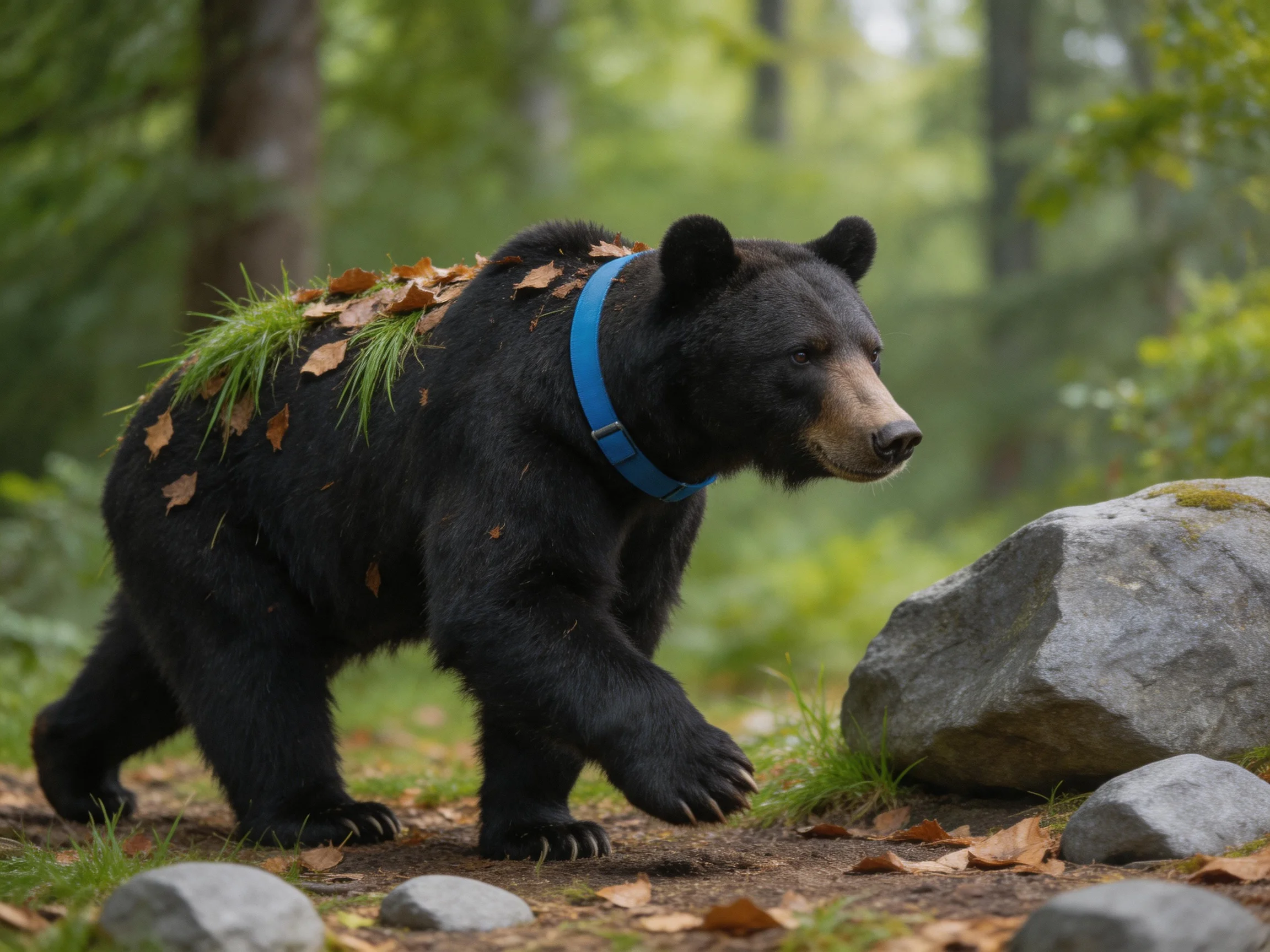 A black bear with a blue collar walks near rocks in a green forest