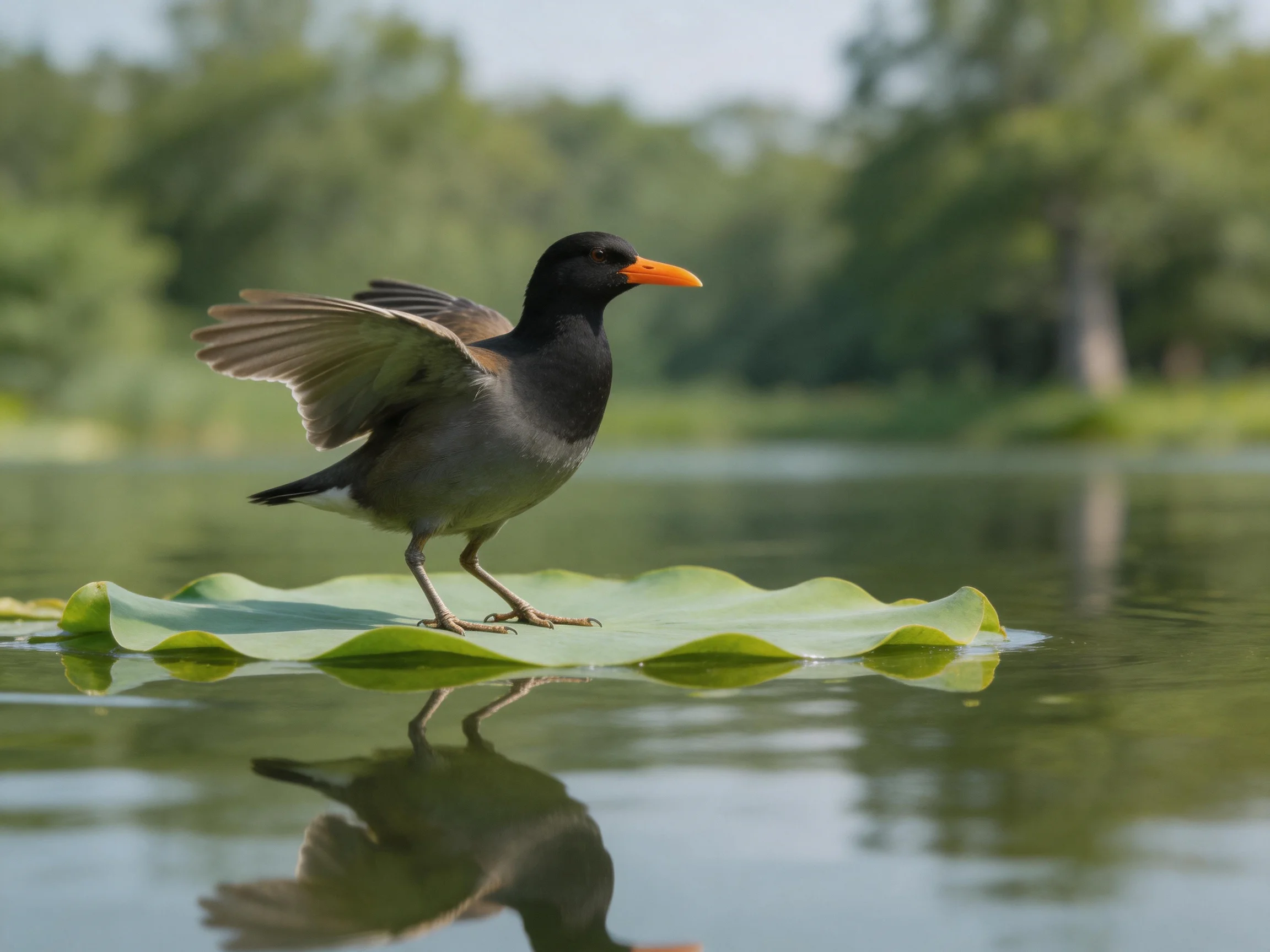A black-bellied bird with an orange beak rests on a lily pad in calm water.