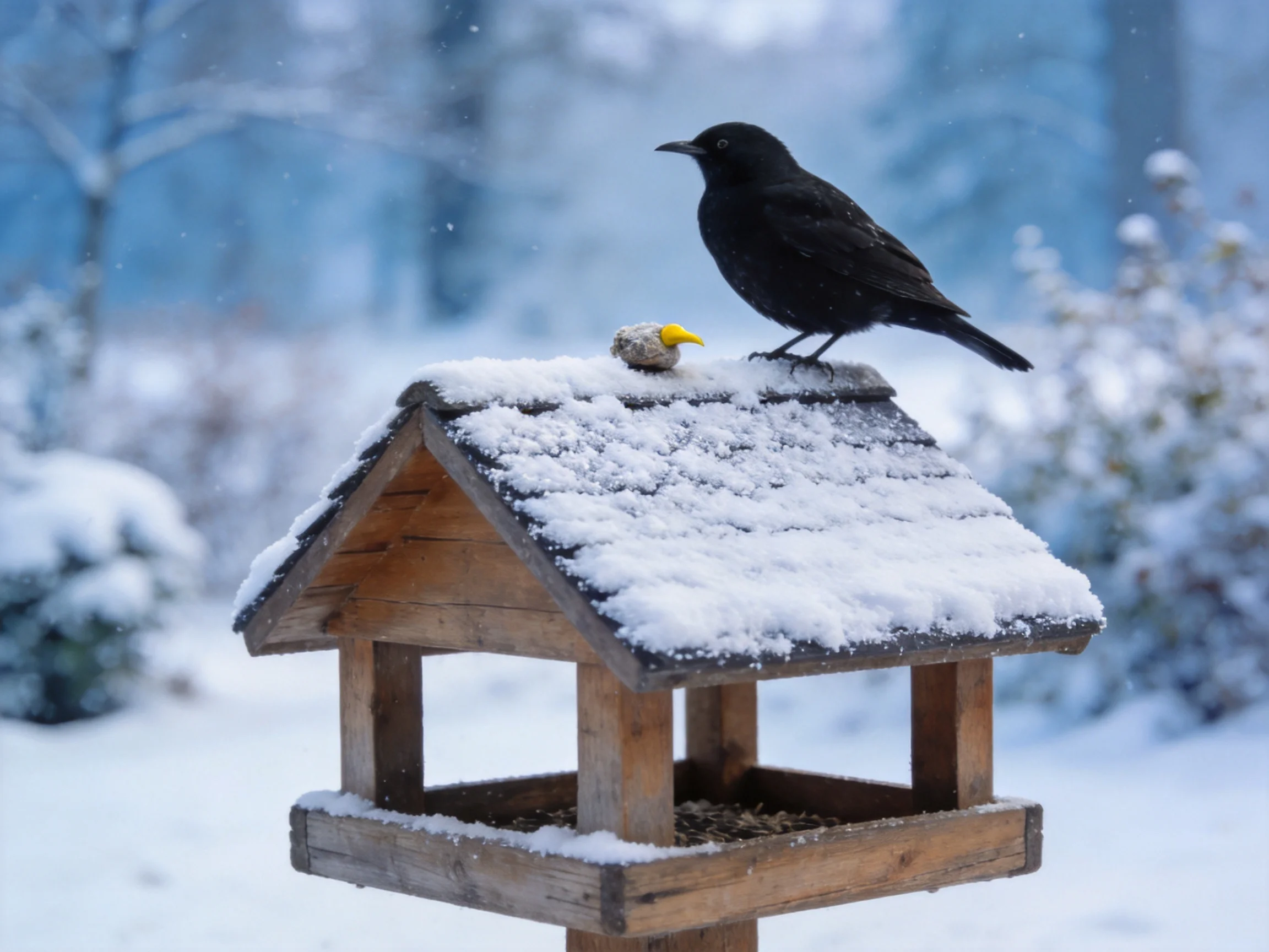 A black bird and small yellow - beaked bird sit on a snow - covered wooden feeder