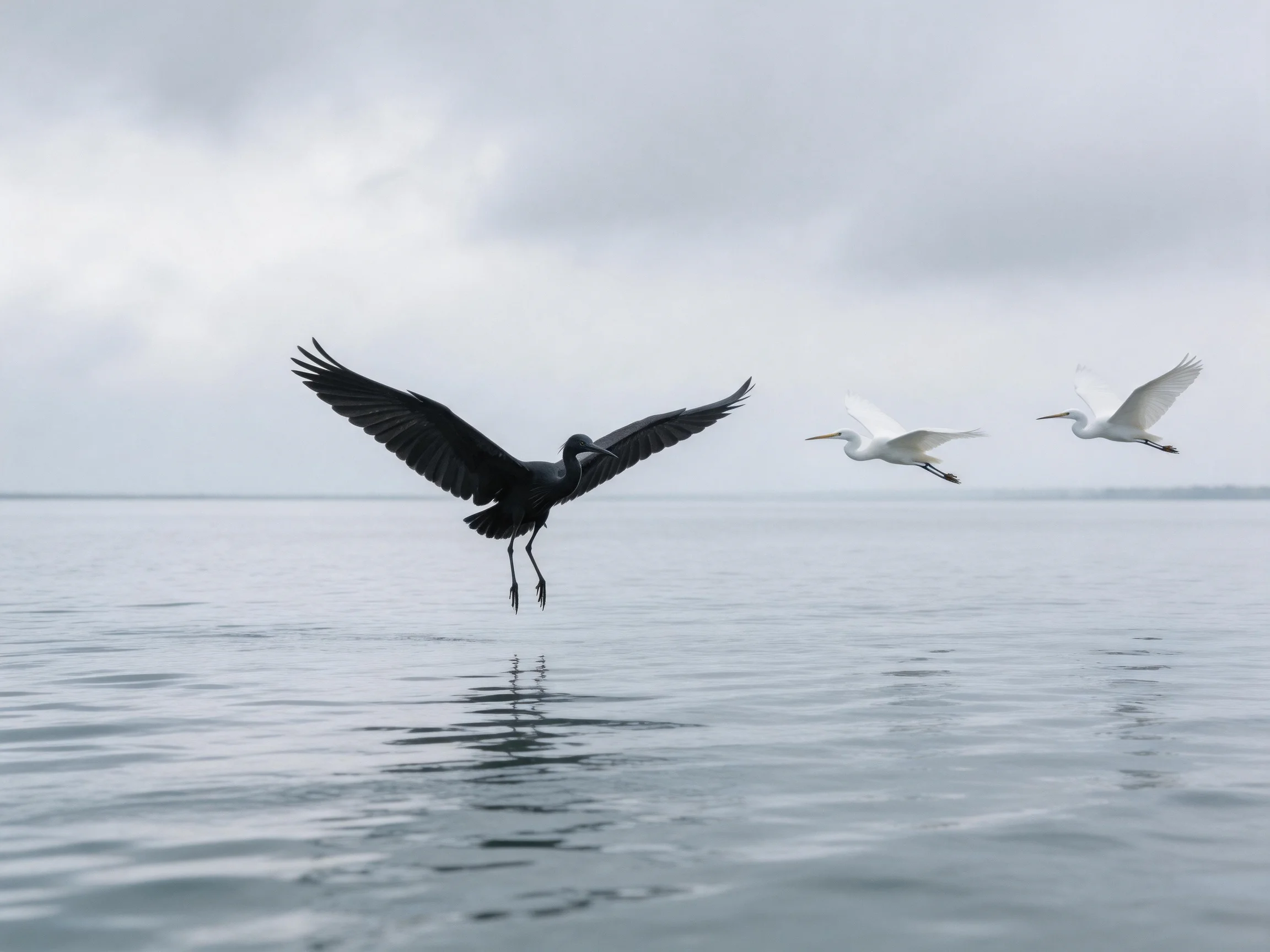 A black bird and two white birds fly over calm water under an overcast sky