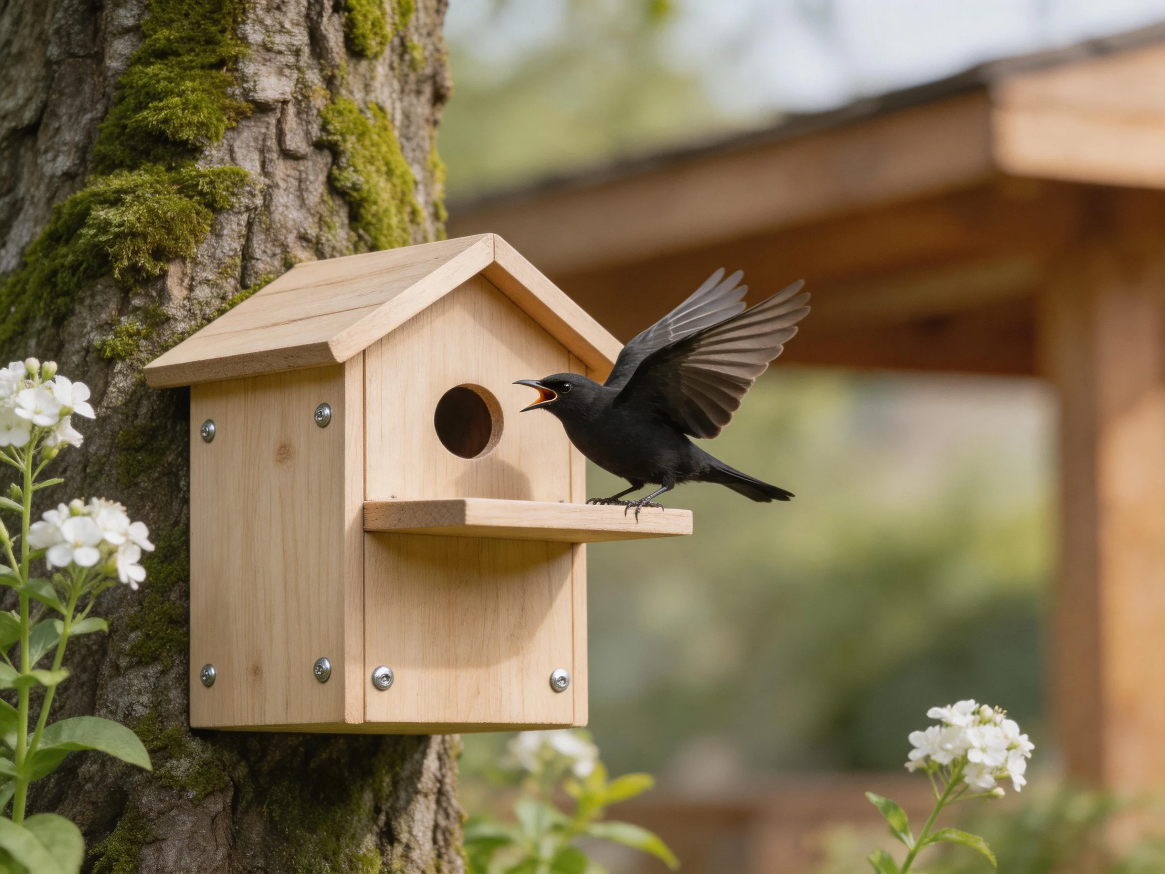 A black bird approaches a wooden birdhouse on a moss-covered tree trunk