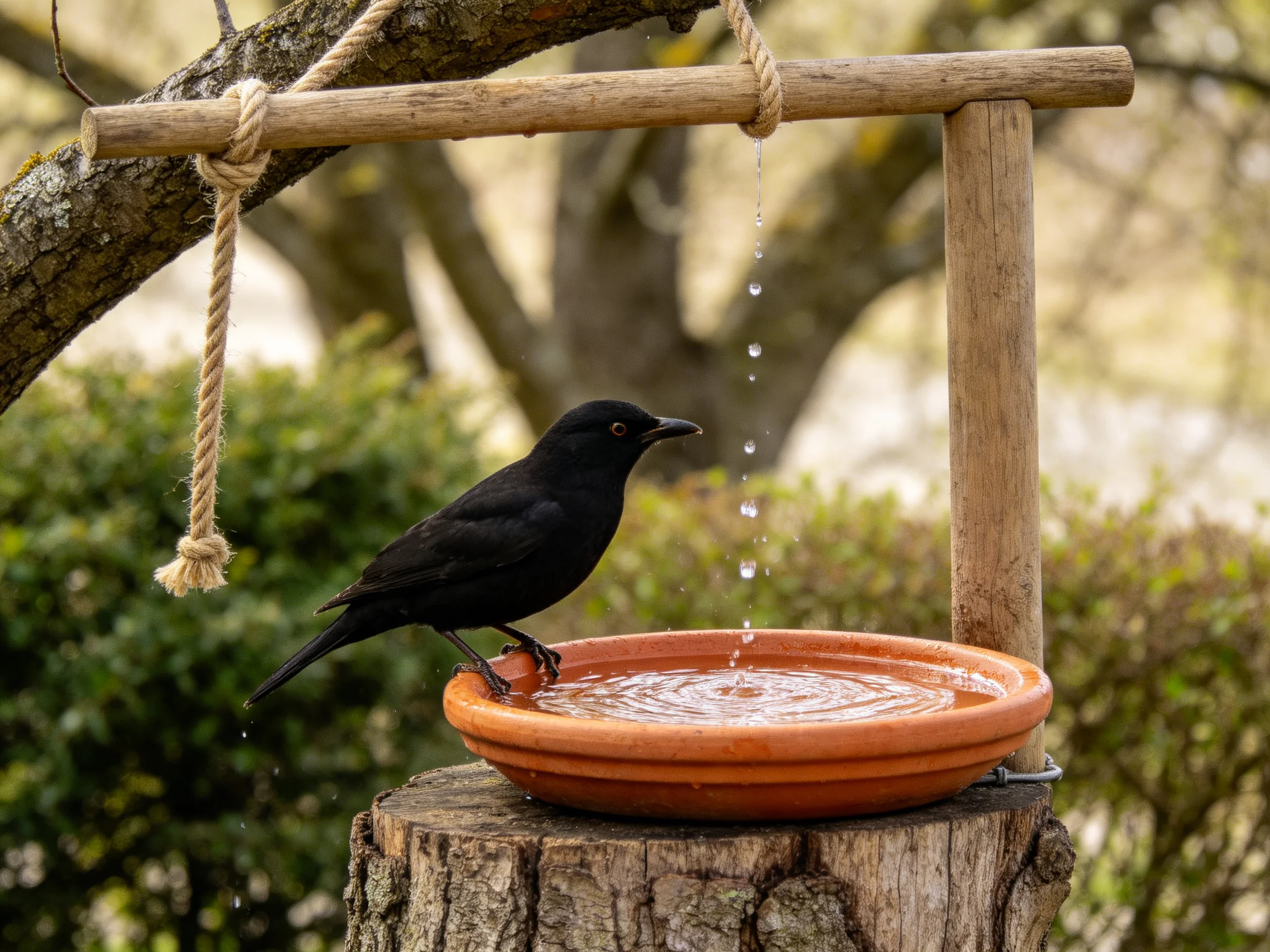 A black bird at a terracotta water dish with dripping water