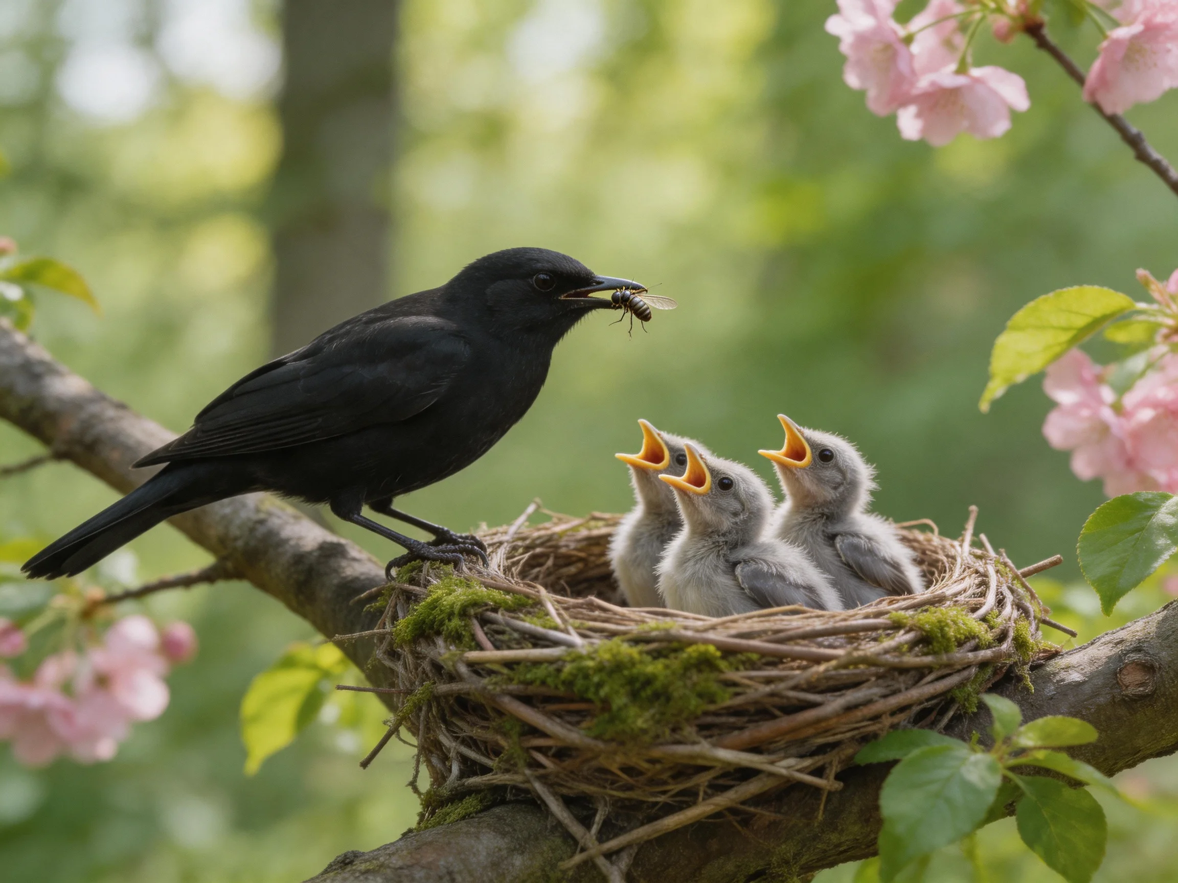A black bird feeds three chicks in a twig nest near pink blossoms