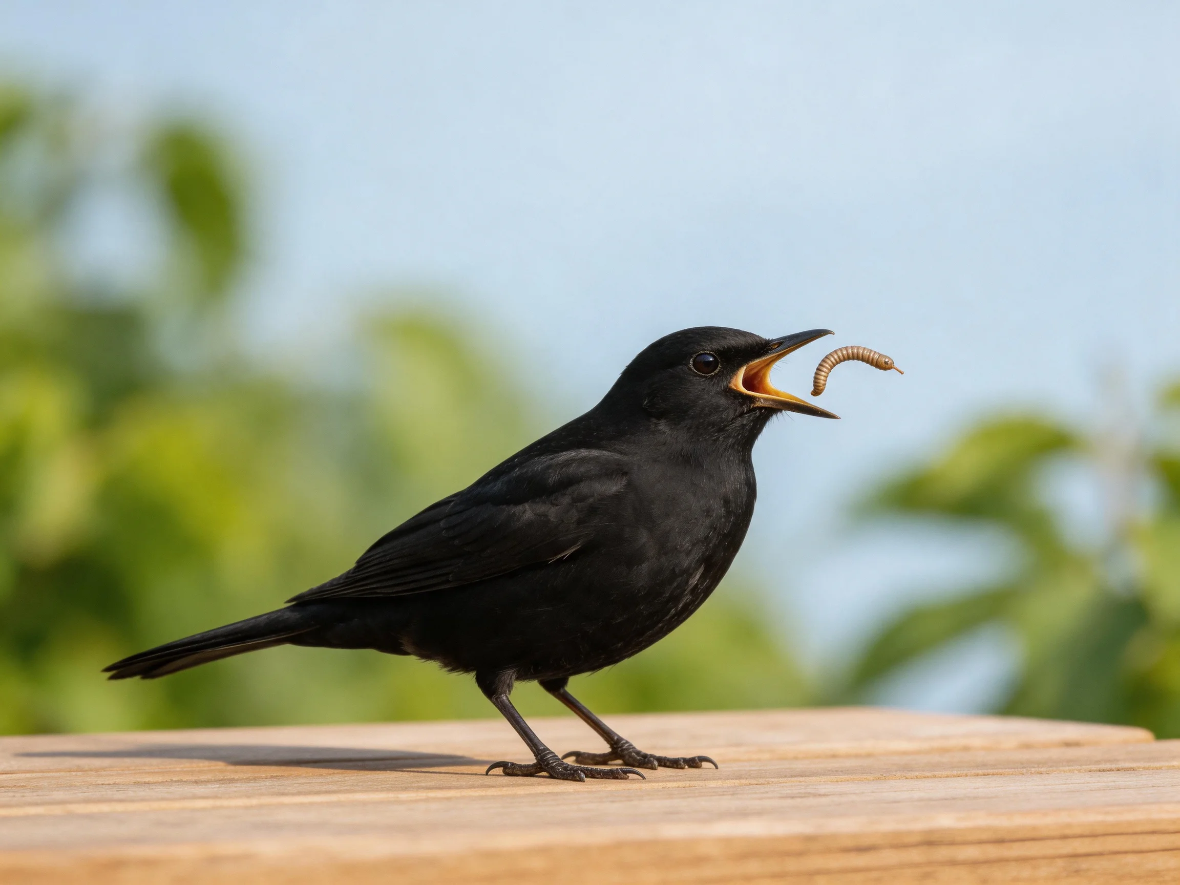 A black bird holds a worm on a wooden surface