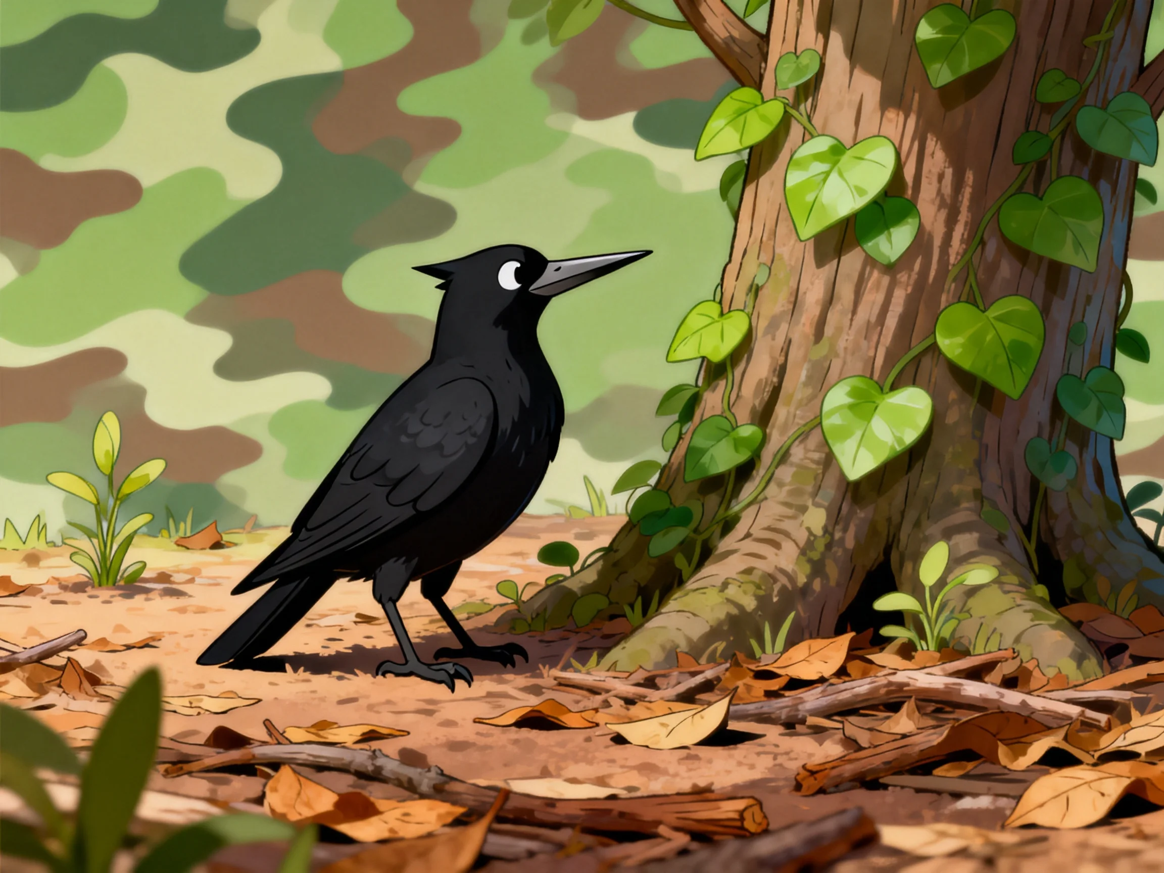 A black bird stands close to a vine-covered tree in a forest with fallen leaves.
