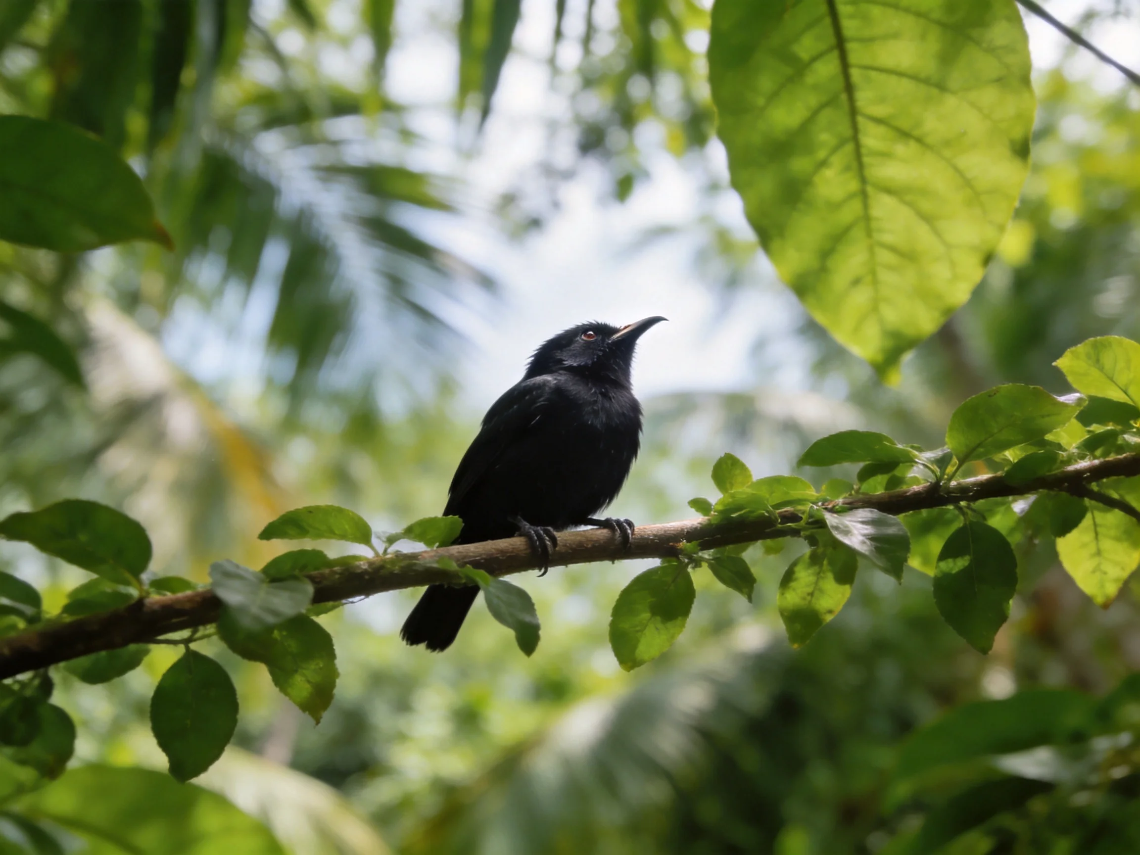 A black bird perched on a leafy branch in lush green surroundings